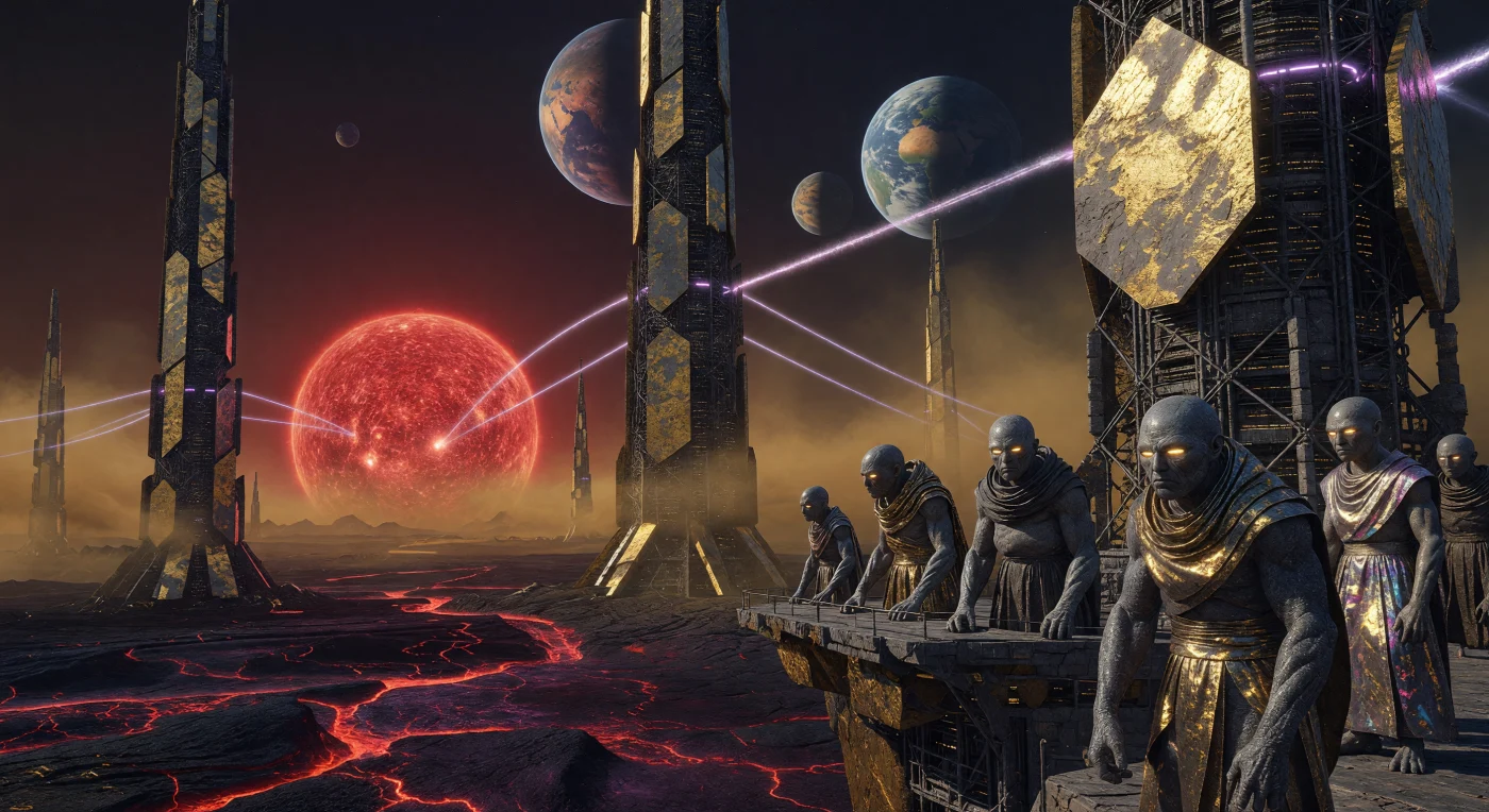 Bajo el resplandor carmesí de la enana roja TRAPPIST-1, las Agujas Líticas se alzan sobre las llanuras de basalto del planeta b, protegidas por placas de oro que reflejan la intensa radiación estelar. Durante la era del Amanecer Interestelar (3000–5000 d.C.), los Líticos, una estirpe humana de alta densidad con dermis infundida en plomo y visión infrarroja, colonizaron este mundo hostil mediante megatitánicas torres geodésicas de roca ígnea. La atmósfera de nitrógeno y argón es atravesada por haces de energía de microondas, mientras los planetas hermanos del Septem-Virato aparecen como esferas colosales en un cielo perpetuamente encendido por la proximidad de su sol.