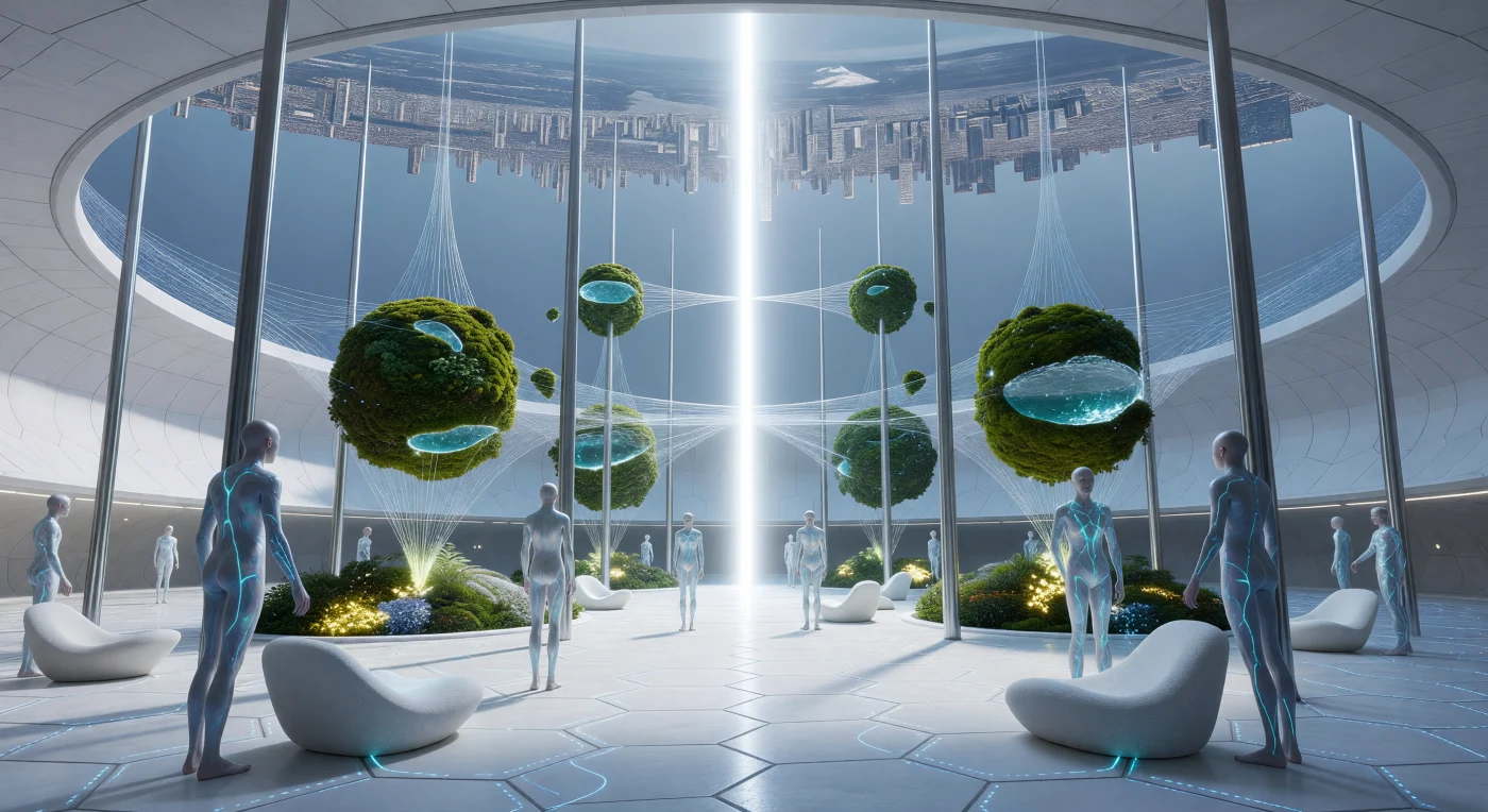 Esta vista panorâmica revela o interior de O'Neill-Seven, um habitat de anel centrífugo no Cinturão de Asteroides durante a Grande Divergência (2200–2500 d.C.), época em que a humanidade se fragmentou em paradigmas biológicos e arquitetônicos distintos. O solo de cerâmica branca curva-se dramaticamente para cima até encontrar o lado oposto da metrópole, pontuado por agulhas de Grafeno-Aço e um filamento central de plasma que ilumina parques orbitais de briófitas geneticamente modificadas. Observam-se os "Astrais", humanos adaptados à baixa gravidade com membros alongados e pele translúcida, habitando uma infraestrutura de tensão que exemplifica a transição definitiva da espécie da biosfera terrestre para o vácuo profundo.