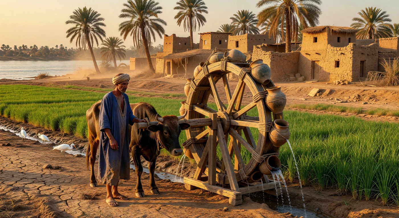 Ein ägyptischer Fellah in einer traditionellen, indigoblauen Galabeya lenkt einen Ochsen, der eine massive hölzerne Sakia antreibt, um die smaragdgrünen Weizenfelder am Ufer des Nils zu bewässern. Diese Szene aus dem Jahr 1895 veranschaulicht die mühsame, aber rhythmische Landwirtschaft der Belle Époque, in der jahrtausendealte Techniken und die Abhängigkeit von den Zyklen des Flusses den Alltag bestimmten. Vor der Kulisse aus sonnengetrockneten Lehmziegelhäusern und schattigen Dattelpalmen wird die zeitlose Verbindung zwischen Mensch, Tier und dem lebensspendenden Wasser des Nils spürbar.
