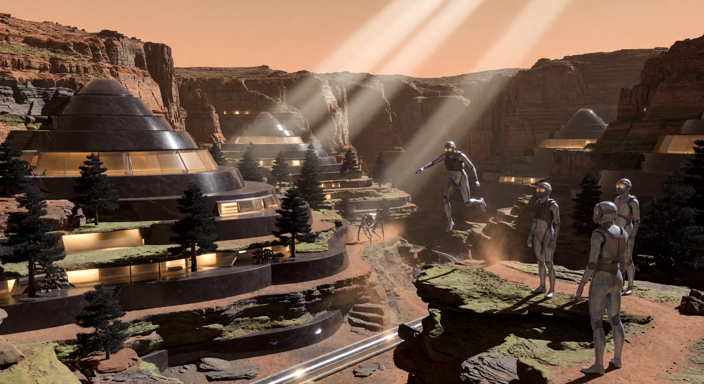 تُظهر هذه اللوحة مجمعًا سكنيًا من الأهرامات المدرجة المنحوتة في صخور البازلت المصقول داخل أخدود "متاهة الليل" خلال عصر التباعد العظيم (2200-2500م)، حيث تبرز سلالة *Homo adaptus* المتكيفة فسيولوجيًا مع بيئة المريخ. تم تصميم هذه الحواضر لتوفير حماية من الإشعاع الكوني تحت غلاف جوي تمت ترقيته ليصل ضغطه إلى 210 ميلي بار، بينما تضيء مرايا "سول-هالو" المدارية الغابات السوداء المعدلة وراثيًا التي تكسو الشرفات. ونرى هنا كائنات بشرية بطول 2.8 متر، تتميز بصدور برميلية لاستيعاب الأكسجين الرقيق وأطراف معززة بأنابيب الكربون النانوية، وهي تقفز بخفة في جاذبية الكوكب الضعيفة وسط مشهد يجسد ذروة هندسة التشكيل الكوكبي.