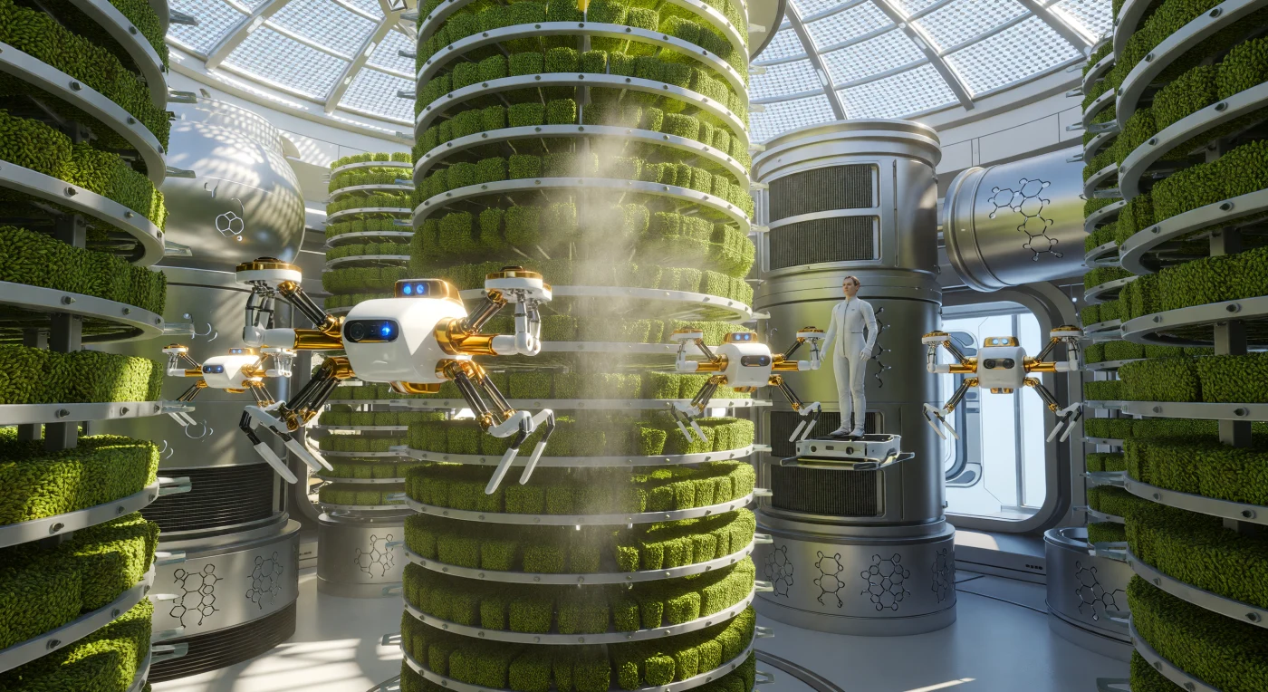 In de roterende Aeroponic Ring van de O’Neill-cilinder "Vinci-4" zien we een oogstcyclus tijdens de Grote Divergentie (2200–2500 n.Chr.), een tijdperk waarin de mensheid zich definitief in de ruimte vestigde als De Zwerm. Terwijl niet-sentiente AI-drones met uiterst precieze manipulatoren door de nevel van voedingsstoffen navigeren om genetisch gemodificeerde granen te verzamelen, houdt een 'Linked' mens (*Homo augmentus*) toezicht via een neurale interface. Deze scène illustreert de technologische complexiteit van een Kardashev 1.4-beschaving, waar de overleving van miljarden afhing van de naadloze integratie tussen geavanceerde robotica en de fragiele biologie van de post-planetaire mens.