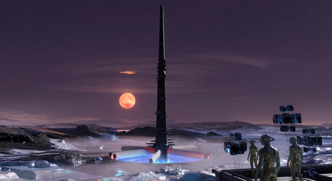 Dominant les plaines de basalte cristallin d'Epsilon Eridani b, l'Aiguille d'Obsidienne est une prouesse d'ingénierie de l'Âge Galactique (v. 5 000 – 20 000 apr. J.-C.), s'élevant à dix kilomètres dans un ciel de diazote et d'argon. Cette structure de pointe en acier infusé de neutronium génère un puits de gravité artificielle dont l'intensité déforme la lumière environnante, tandis que sa base baigne dans l'éclat bleu du rayonnement de Cherenkov produit par son cœur à singularité. À l'ombre de ce monolithe, des post-humains aux corps adaptés à la haute gravité et des entités synthétiques nommées « Éclats » témoignent de l'ascension de l'humanité vers une civilisation de Type II sur l'échelle de Kardashev.