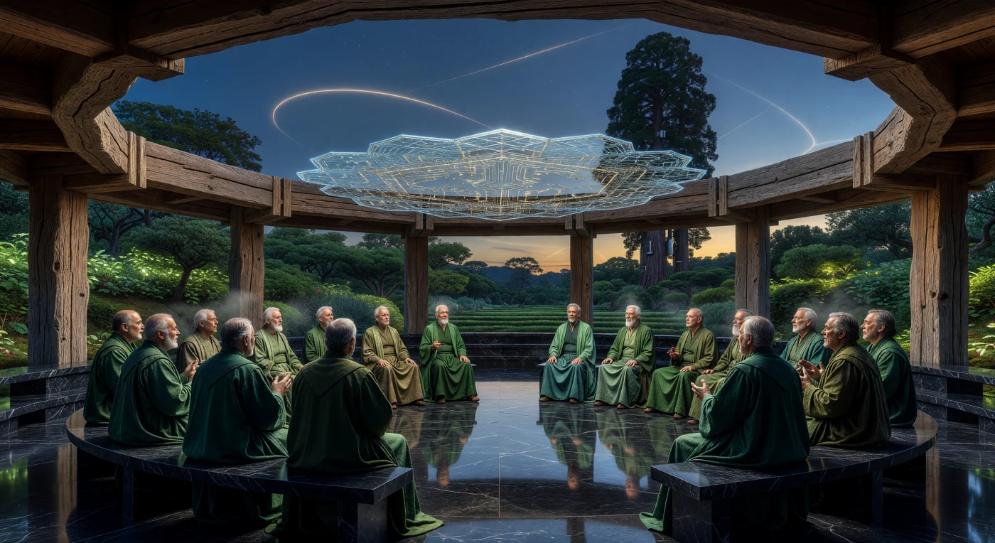 يُصور هذا المشهد اجتماعاً لـ "المجمع البيئي الإقليمي" داخل "مهد الركود" حوالي عام 2450 ميلادي، حيث يجلس أعضاء من البشر الطبيعيين (Homo sapiens) على مقاعد من البازلت المصقول تحت مصفوفة هوائية ميكروويفية متطورة تستمد الطاقة من سرب "دايسون" الشمسي. تبرز من خلف الأعمدة الخشبية غابات هجينة تحاكي العصر الحديث الأقرب (Pleistocene)، تخضع لإدارة مناخية دقيقة تهدف لاستعادة توازن الغلاف الجوي إلى مستويات ما قبل الثورة الصناعية. يعكس هذا التجمع جوهر عصر "التباعد العظيم"، حيث تسعى المجتمعات البشرية للحفاظ على إرثها البيولوجي والاجتماعي الأصيل وسط بيئة معززة بهندسة كوكبية فائقة التقدم.