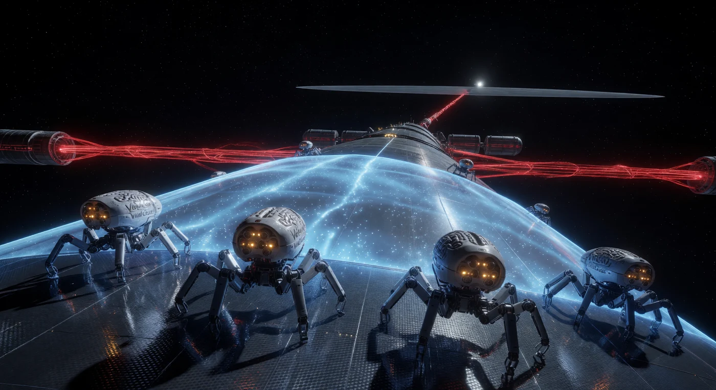 西暦2500年から3000年にかけての「太陽系拡張期」、恒星間移民船「アーク・オブ・ソル」の船首では、高度な「シンス（義体化人間）」たちが過酷な真空環境下でのメンテナンスに従事しています。カーボンナノチューブ製の鏡面装甲を這うクモ型のシンスたちは、星間物質を無害化する磁気デフレクターシールドの青いプラズマ光に照らされ、その背後では巨大な液体スズ滴ラジエーターが廃熱による深紅の輝きを放っています。光速の10％で虚空を突き進むこの光景は、生物学的知性と極限環境工学が融合した、人類初の恒星間航行という壮大な挑戦の記録です。