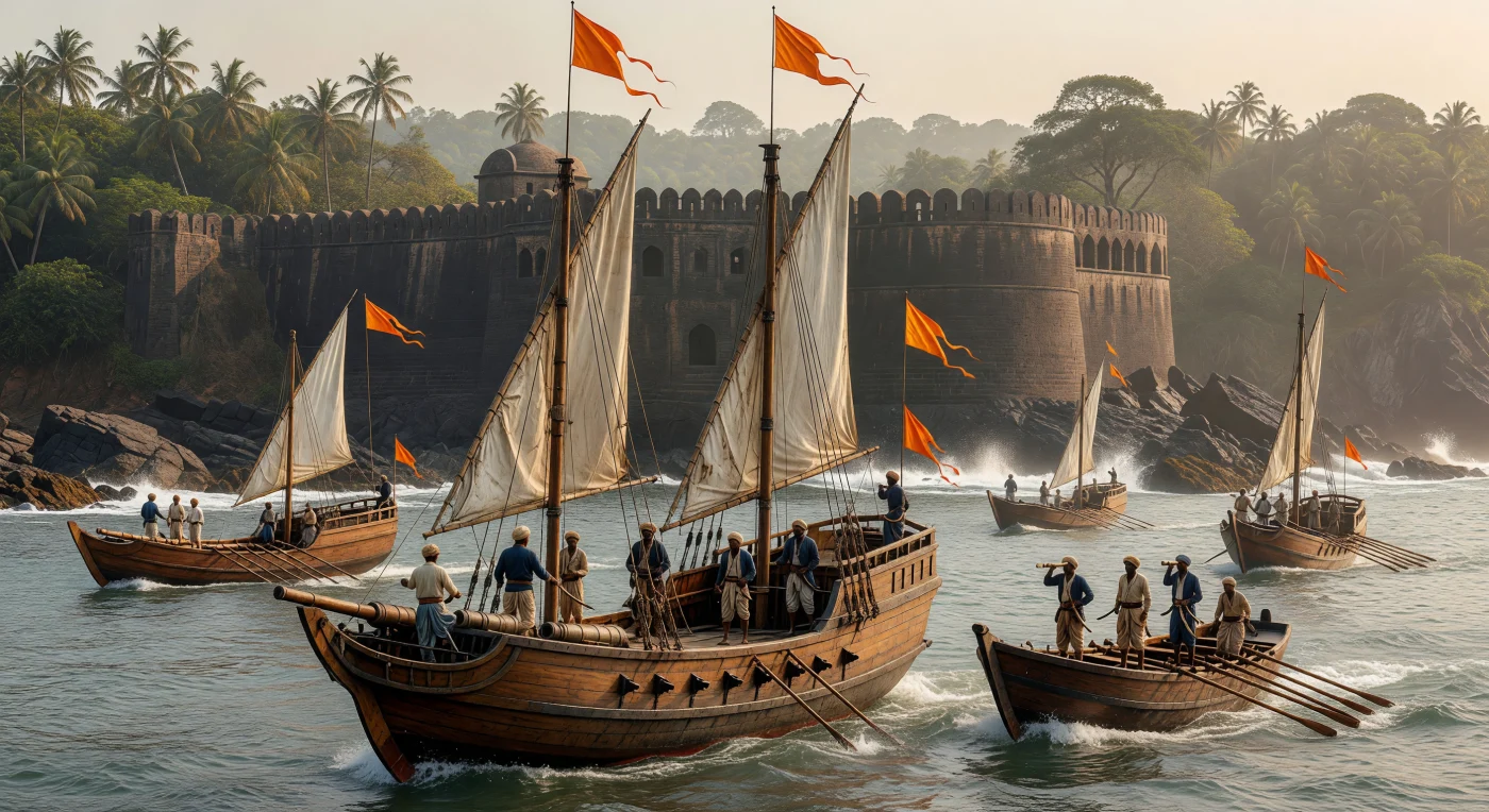 تُبحر كوكبة من السفن الحربية التابعة لإمبراطورية ماراثا، من طرازي "غراب" و"غاليفات"، بمحاذاة ساحل كونكان الصخري، حيث ترفرف الأعلام الزعفرانية فوق هياكل خشب الساج المتينة تحت سماء مدارية غائمة. يبرز في الخلفية حصن جانجيرا البحري المنيع بجدرانه البازلتية الداكنة التي ترتفع مباشرة من مياه بحر العرب، بينما يظهر البحارة بملابسهم التقليدية وهم يديرون المدافع البرونزية بدقة. تعكس هذه المشهدية الذروة العسكرية للبحرية الماراثية في منتصف القرن الثامن عشر، والتي نجحت في تطوير تقنيات بناء سفن محلية متطورة لحماية السواحل الهندية الغربية من القوى الاستعمارية والمنافسين الإقليميين.