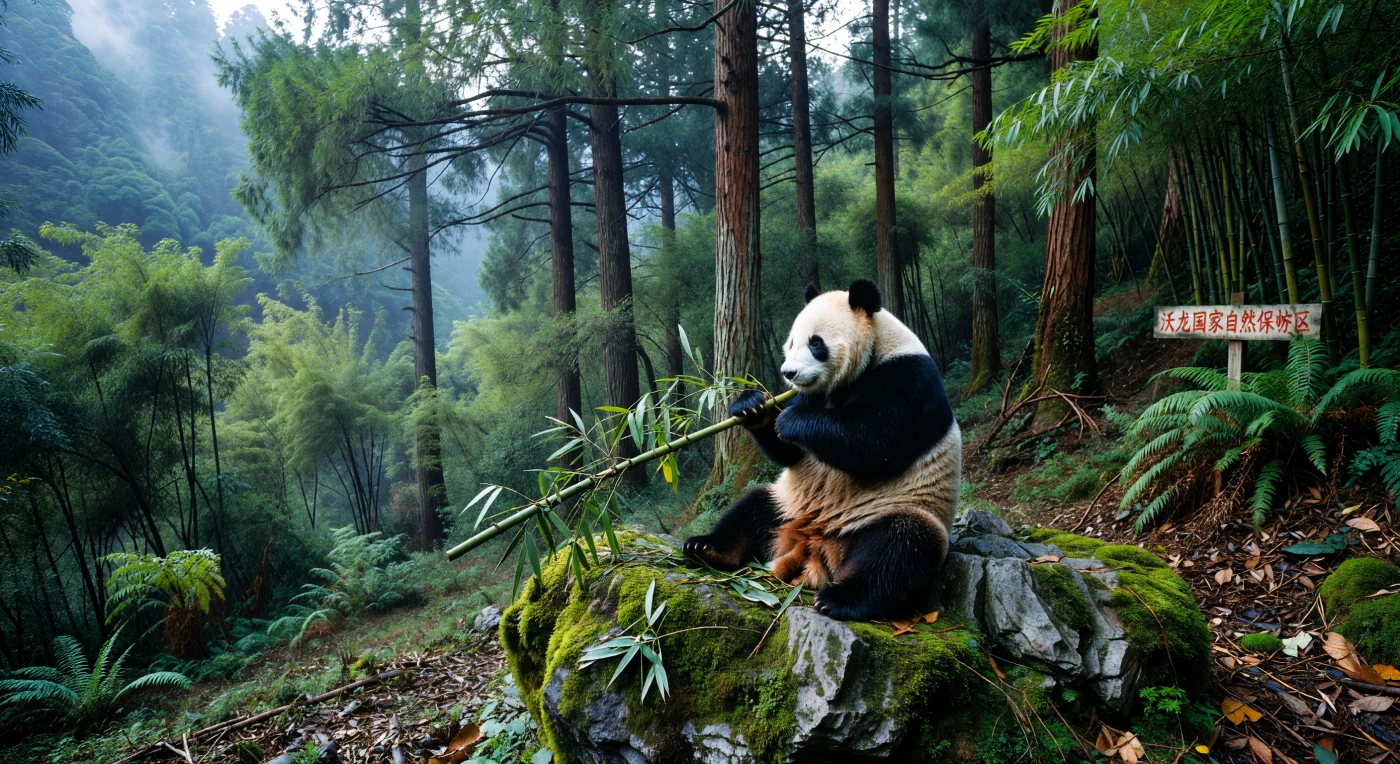 يظهر هذا المشهد حيوان الباندا العملاق في موطنه الطبيعي بجبال تشيونغلاي في سيتشوان خلال منتصف الثمانينيات، وهو يتناول خيزران السهم وسط غابة ضبابية من أشجار الميتاسيكويا العتيقة. يعكس وجود علامة حدود محمية "وولونغ" الوطنية في الخلفية انطلاق الجهود الدولية والمحلية الكبرى للحفاظ على هذا الرمز البيئي الفريد للصين خلال العصر الحديث. تبرز الألوان الطبيعية للفراء والبيئة الرطبة المحيطة التباين البصري المذهل في البرية الآسيوية، موثقةً حقبة تاريخية سعت فيها البشرية لاستعادة التوازن مع الطبيعة وسط التحولات المتسارعة في المنطقة.