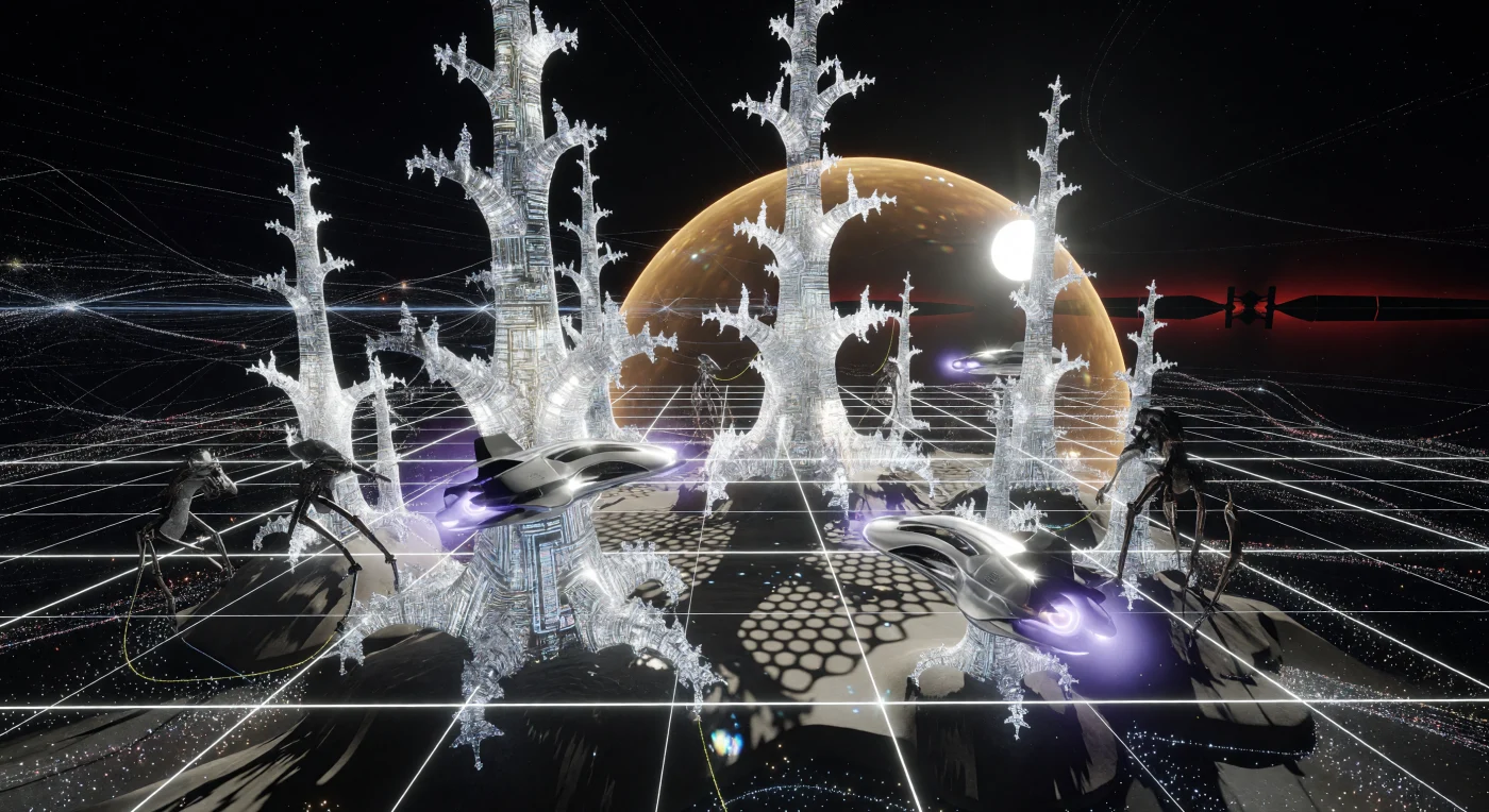 Diese Ansicht des Sol-Kerns aus dem Galaktischen Zeitalter (ca. 5.000–20.000 n. Chr.) zeigt kilometerhohe fraktale Türme aus hexagonalem Diamant, die über der technisierten Kruste des Merkur-Prozessors aufragen. Während Alcubierre-Shuttles mit violetten Plasma-Emissionen ein defensives Lasernetz weben, führen spezialisierte „Chitin-Vakuumläufer“ – biologisch für den Weltraum optimierte Organismen – komplexe Wartungsarbeiten an den kristallinen Oberflächen durch. Das Bild dokumentiert die strukturelle Eleganz einer Kardaschow-Typ-II-Zivilisation, in der Architektur, Biologie und Datenströme zu einem integrierten solaren Megagefüge verschmolzen sind.