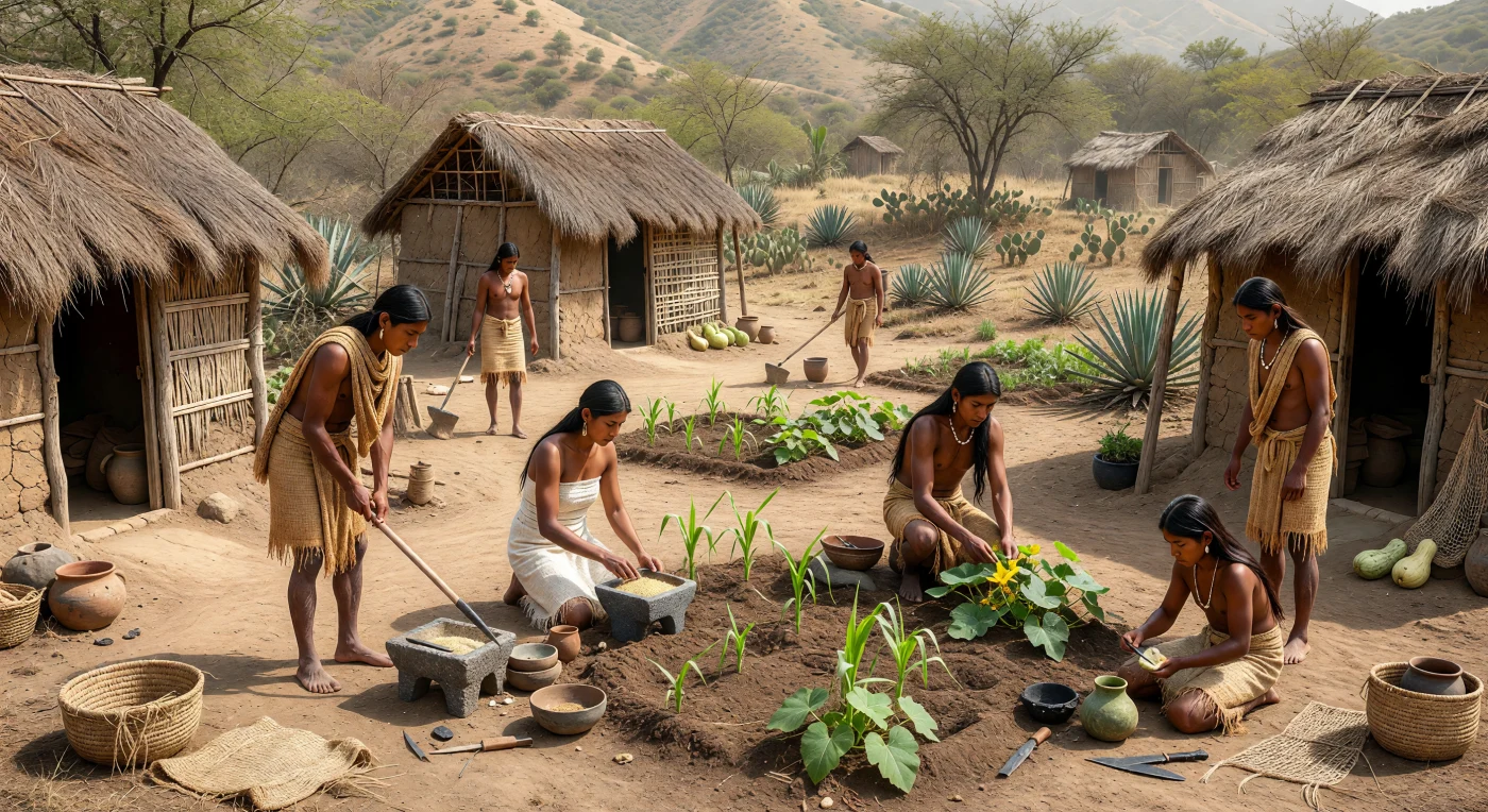 Num vale seco das terras altas de Oaxaca, pequenos jardins de milho inicial e abóbora rodeiam cabanas modestas de postes e colmo, onde habitantes indígenas trabalham descalços com varas de escavação, metates, cabaças e lâminas de obsidiana. A cena evoca a vida doméstica das comunidades zapotecas em formação, entre cerca de 500 e 300 a.C., quando a agricultura de subsistência, a moagem de grãos e as trocas de materiais como a obsidiana ajudavam a sustentar povoações ainda pequenas, antes do predomínio dos grandes centros monumentais mesoamericanos.