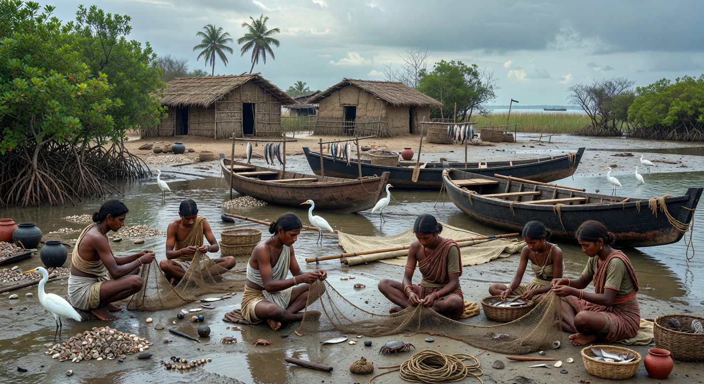 Numa pequena aldeia pesqueira de um estuário da costa ocidental da Índia, entre cerca de 700 e 500 a.C., homens, mulheres e crianças remendam redes de fibra vegetal junto de canoas monóxilas e barcos de tábuas cosidas, puxados para a lama na maré baixa. Em redor, cabanas de caniço e colmo, concheiros, grelhas de secagem de peixe, armadilhas de verga e cerâmicas simples revelam uma comunidade humilde, moldada pelo trabalho diário e pelos ritmos das monções. A cena mostra um litoral já ligado a redes de troca do mar Arábico, sugeridas por contas de cornalina e artefactos metálicos, mas ainda profundamente enraizado nas técnicas locais de pesca, navegação e vida estuarina entre mangais, caranguejos e aves limícolas.