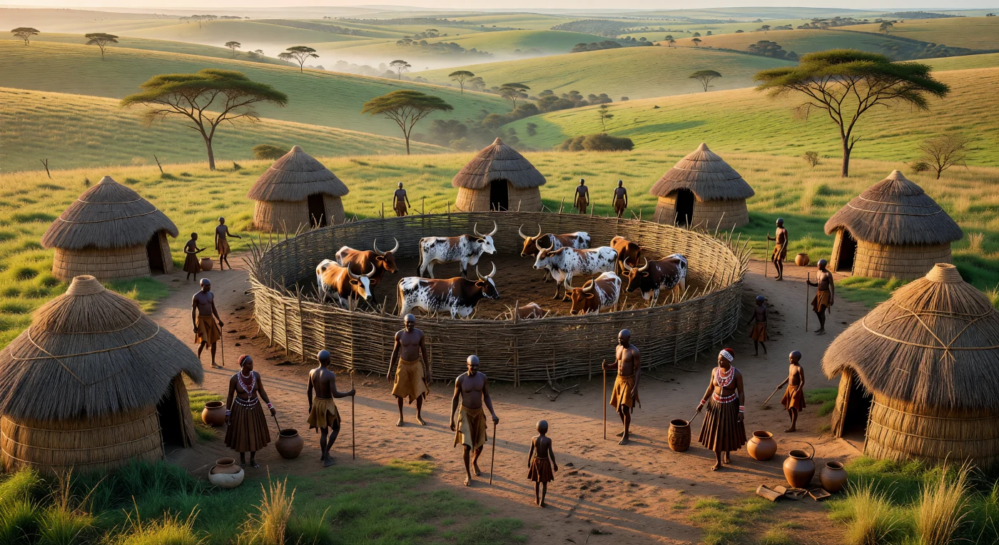 Nas colinas do Natal na década de 1870, o sol da manhã ilumina um *kraal* zulu, onde pastores conduzem o gado Nguni entre cabanas de colmo em forma de colmeia conhecidas como *iindlu*. Esta cena ilustra a sofisticada organização social e a arquitetura orgânica de um reino soberano, destacando a importância central do gado e da vida comunitária antes das rupturas da Guerra Anglo-Zulu. A imagem captura a dignidade e a laboriosidade cotidiana de uma sociedade em pleno florescimento cultural na África austral.