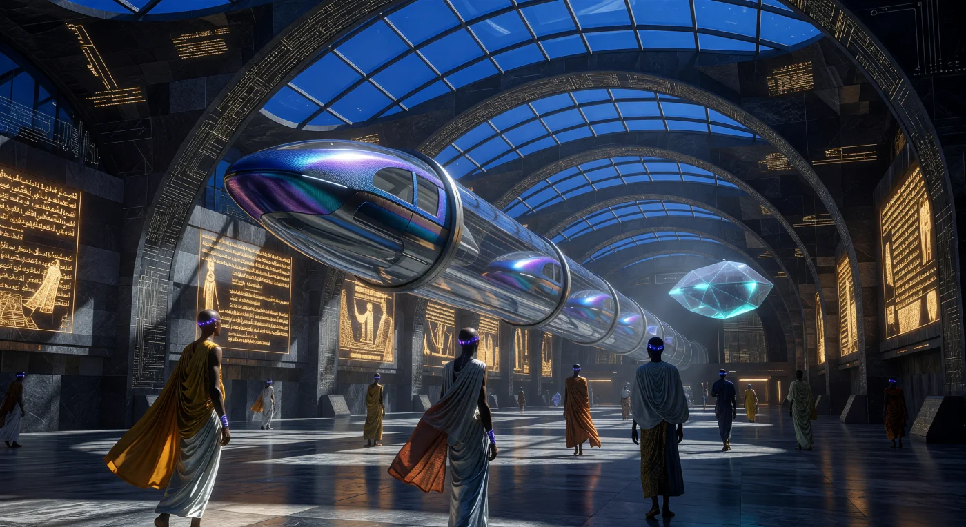 In the mid-21st century, during the era known as "The Threshold" (c. 2050), the Algiers Trans-Saharan Vactrain Hub emerged as a pinnacle of biomimetic engineering and cultural synthesis. This scene depicts commuters—including "Gardiens" with genetically optimized skin for heat resistance and "Naturalists" in traditional cooling textiles—boarding aerodynamic maglev pods within a pressurized aluminum oxynitride terminal. The dark basalt walls, etched with micro-circuitry and glowing holographic Timbuktu manuscripts, reflect a period where the African continent leveraged its geological resources and ancestral history to lead a global transition toward high-efficiency, integrated energy and transport systems.
