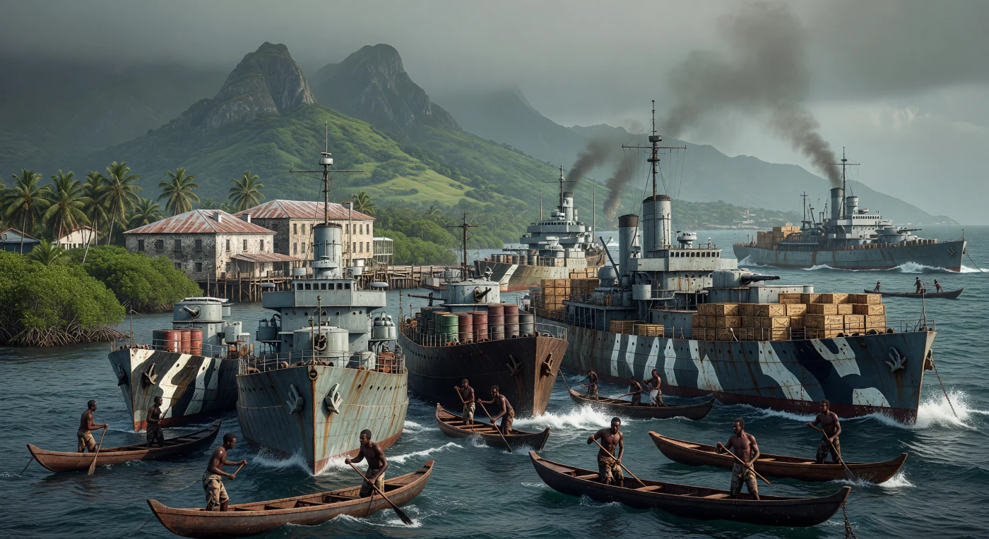 In 1942, the strategic deep-water harbor of Freetown, Sierra Leone, served as a vital assembly point for Allied convoys navigating the perilous Atlantic supply lines. This scene captures the stark intersection of industrial warfare and local tradition, as British Tribal-class destroyers in "dazzle" camouflage loom over Kru sailors maneuvering hand-carved dugout canoes through the tropical surf. The humid haze of the West African coast frames a moment of intense mobilization, highlighting the essential role of African ports and laborers in the global effort to sustain the Allied front during World War II.