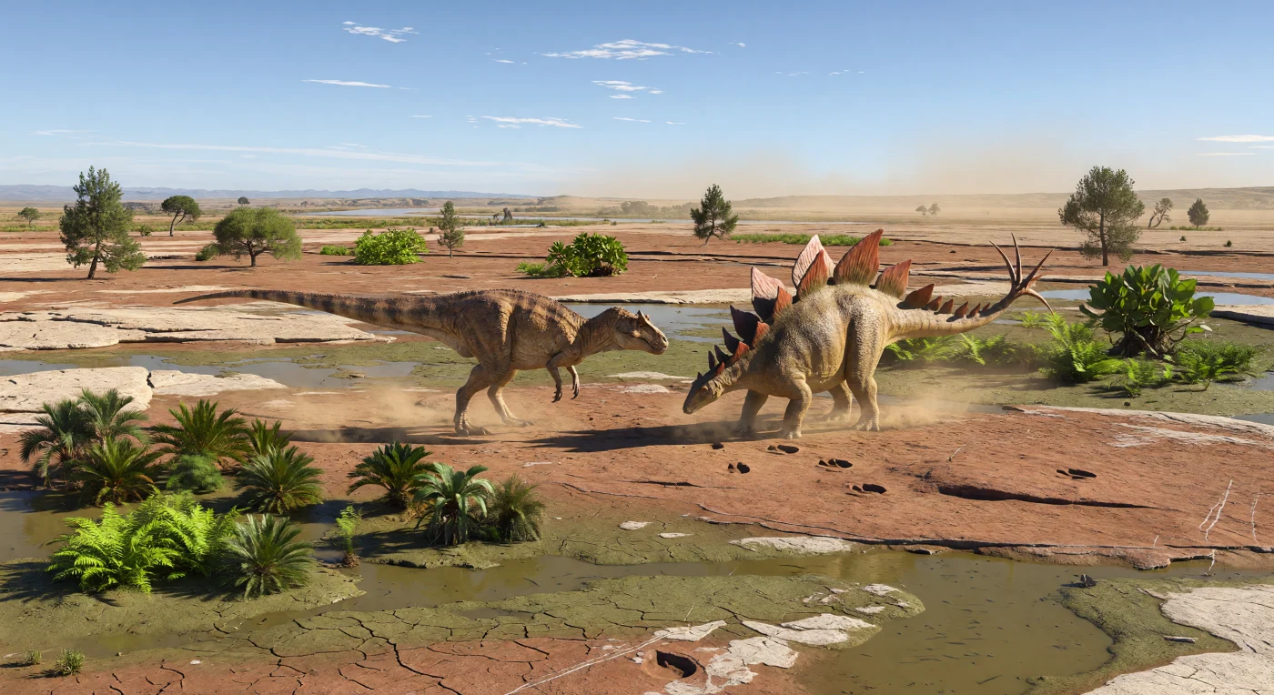 En esta escena del Jurásico tardío, hace unos 155–148 millones de años, un Allosaurus fragilis de 8–10 metros acecha en círculo a un Stegosaurus de 7–9 metros sobre la llanura estacional y polvorienta de la Formación Morrison, en la Laurasia occidental de Norteamérica. El depredador, con cráneo profundo y pequeñas manos de tres dedos, se mantiene justo fuera del alcance de la cola armada del estegosaurio, cuyas placas dorsales alternadas y cuatro largas púas caudales —el célebre thagomizer— brillan a la luz de la tarde. A su alrededor, helechos, cícadas y coníferas araucarias dispersas crecen entre barros agrietados, huellas de saurópodos y charcas menguantes, evocando un mundo subtropical seco donde cada encuentro podía decidir la supervivencia.