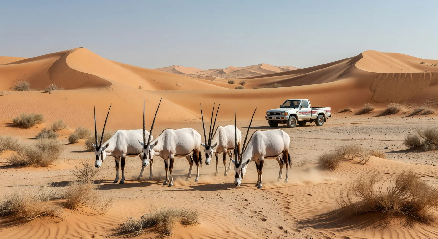 تُظهر هذه اللوحة قطيعاً صغيراً من المها العربي بفرائه الأبيض الناصع وقرونه الطويلة المستقيمة وهي ترعى وسط الكثبان الرملية البرتقالية الشاهقة في صحراء الربع الخالي خلال منتصف الثمانينيات. ويبرز في الخلفية طراز "تويوتا هايلوكس" المغطى بغبار الصحراء، مما يجسد التحول التاريخي من الترحال التقليدي إلى استخدام الآليات الحديثة التي أصبحت رفيقة دائمة لجهود الحفاظ على البيئة في تلك الحقبة. يعكس هذا المشهد التباين الفريد بين الجمال الطبيعي الفطري والواقع المعاصر لشبه الجزيرة العربية خلال فترة النمو الاقتصادي المتسارع في أواخر القرن العشرين.