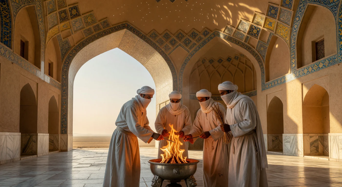 يُظهر هذا المشهد ثلاثة من الكهنة الساسانيين بملابسهم القطنية البيضاء وهم يرعون النار المقدسة (الآتار) فوق مذبح فضي داخل إيوان كسرى المهيب في طيسفون. يبرز القبو الطوبي العملاق، وهو الأكبر من نوعه في العالم القديم، مزيناً بنقوش من البلاط المزجج الأزرق والأصفر التي تعكس عظمة الفن الفارسي في القرن الرابع الميلادي. يرتدي الكهنة لثام "البادام" للحفاظ على طهارة الشعلة من أنفاسهم، بينما يمتزج ضوء الشمس الذهبي المتسلل عبر القوس مع التوهج الدافئ للنار في أجواء تملؤها قدسية الطقوس الزرادشتية القديمة.