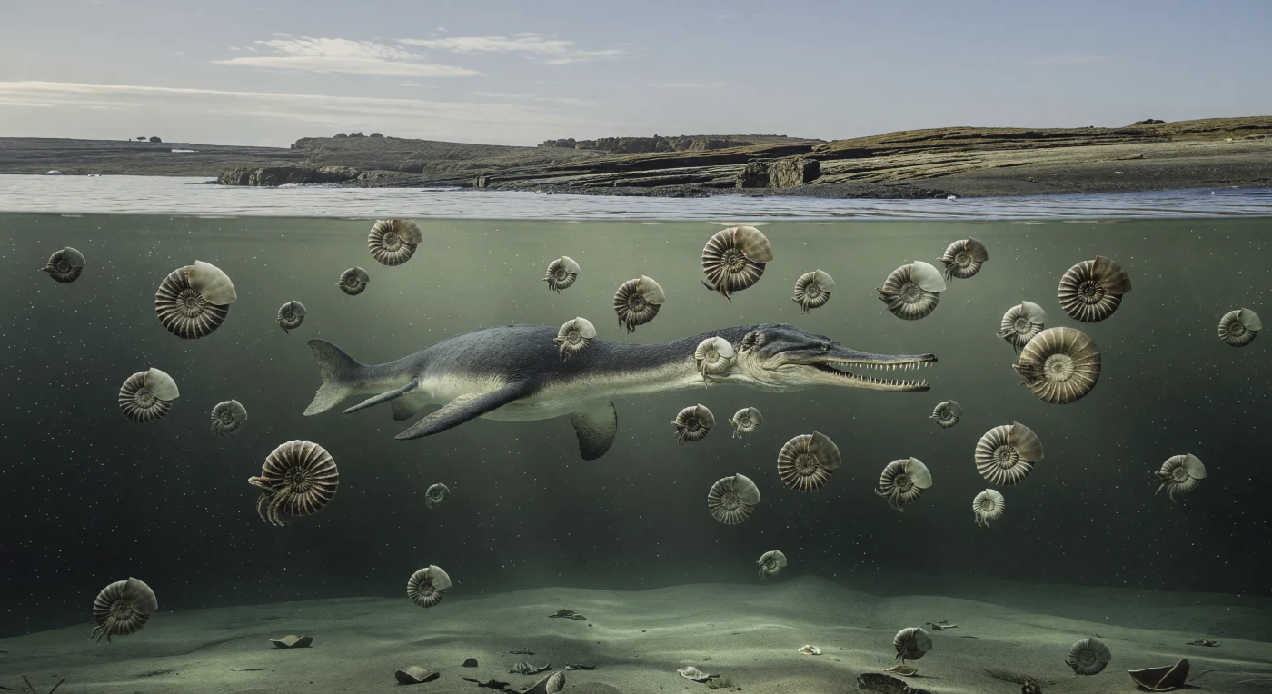 تحت شمس قطبية خافتة تخترق مياهًا خضراء رمادية باردة في حوض جيمس روس، ينساب البليزيوصور مورتورنيريا سيمورينسيس بطول نحو 6 أمتار بين أسراب كثيفة من الأمونيتات، منها ماوريتيس ذات الأضلاع الواضحة وغودريسيراس الأكثر نعومة والتفافًا. تعود هذه اللحظة إلى أواخر العصر الطباشيري، في الماسترخيتي قبل نحو 70–66 مليون سنة، حين كانت شبه الجزيرة القطبية الجنوبية خالية من الجليد الدائم رغم موقعها العالي العرض. يكشف رأس مورتورنيريا العريض المسطح وأسنانها الصغيرة المتشابكة عن تكيف غير مألوف لاقتناص فرائس صغيرة في بحار قطبية غنية بالعوالق، قبل وقت قصير من نهاية عصر الديناصورات.