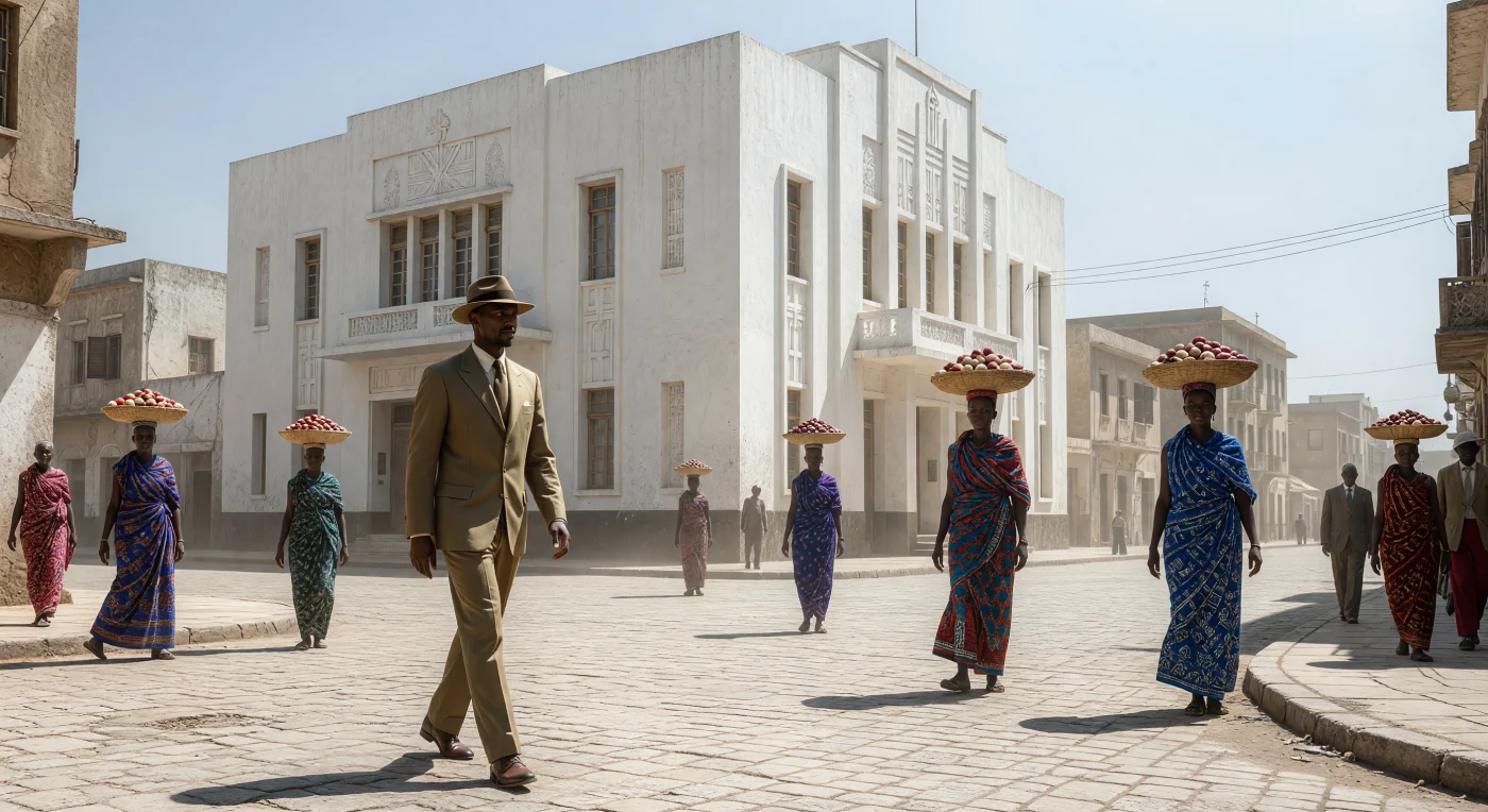 يصور هذا المشهد شارعاً نابضاً بالحياة في داكار خلال ثلاثينيات القرن العشرين، حيث يبرز موظف سنغالي ببدلته الغربية الأنيقة وقبعته كرمز للنخبة الأفريقية الجديدة أمام مبنى إداري أبيض مشيد بطراز "آرت ديكو" المعماري. وبينما تعبر نساء "الولوف" بملابسهن التقليدية الزاهية وسلال جوز الكولا، يتجلى التداخل الفريد بين الحداثة الحضرية والتقاليد المتأصلة في غرب أفريقيا الاستعمارية. تعكس هذه اللوحة التاريخية فترة التحول الاجتماعي والنمو العمراني الذي ميز المدن الكبرى في القارة خلال حقبة ما بين الحربين العالميتين.