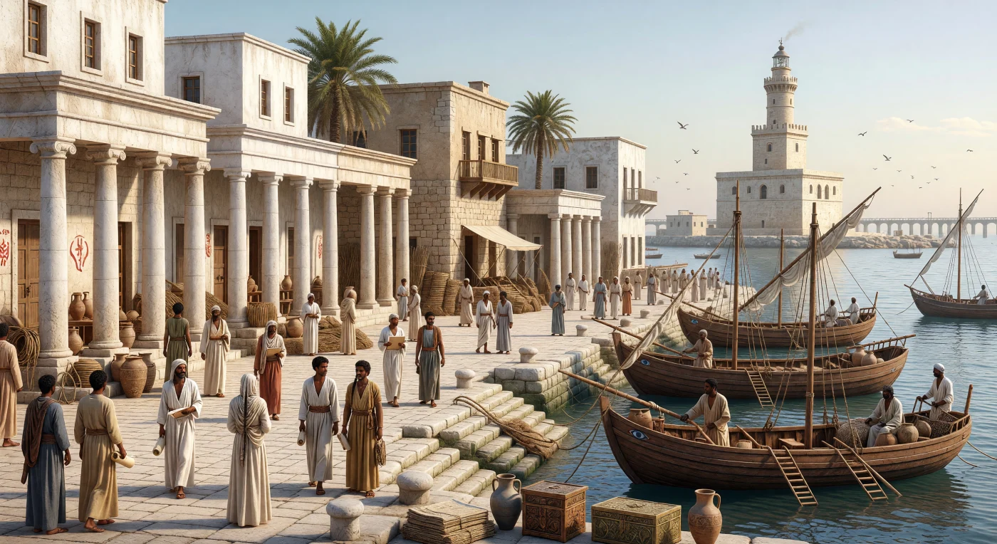 على رصيف ميناء الإسكندرية البطلمية تعبر جموع متعددة الأصول—مصريون ويونانيون ويهود ونوبيون—بين صفوف الأعمدة الحجرية والمخازن المكسوّة بالجص، فيما تتكدّس الجرار والحبال والبضائع القادمة من وادي النيل وبحر إيجة. في الخلف يعلو فنار الإسكندرية الهائل فوق السفن التجارية والمجاديف الحربية، رمزًا لمدينة أسّسها الإسكندر وجعلها البطالمة أحد أعظم موانئ العالم الهلنستي بين القرنين الثالث والأول قبل الميلاد. تكشف هذه الواجهة البحرية عن الإسكندرية بوصفها مدينة كوزموبوليتية نابضة بالتجارة والمعرفة، حيث التقت طرق البحر المتوسط بإفريقيا والشرق الأدنى في مشهد يومي من العمل والحركة والتبادل الثقافي.