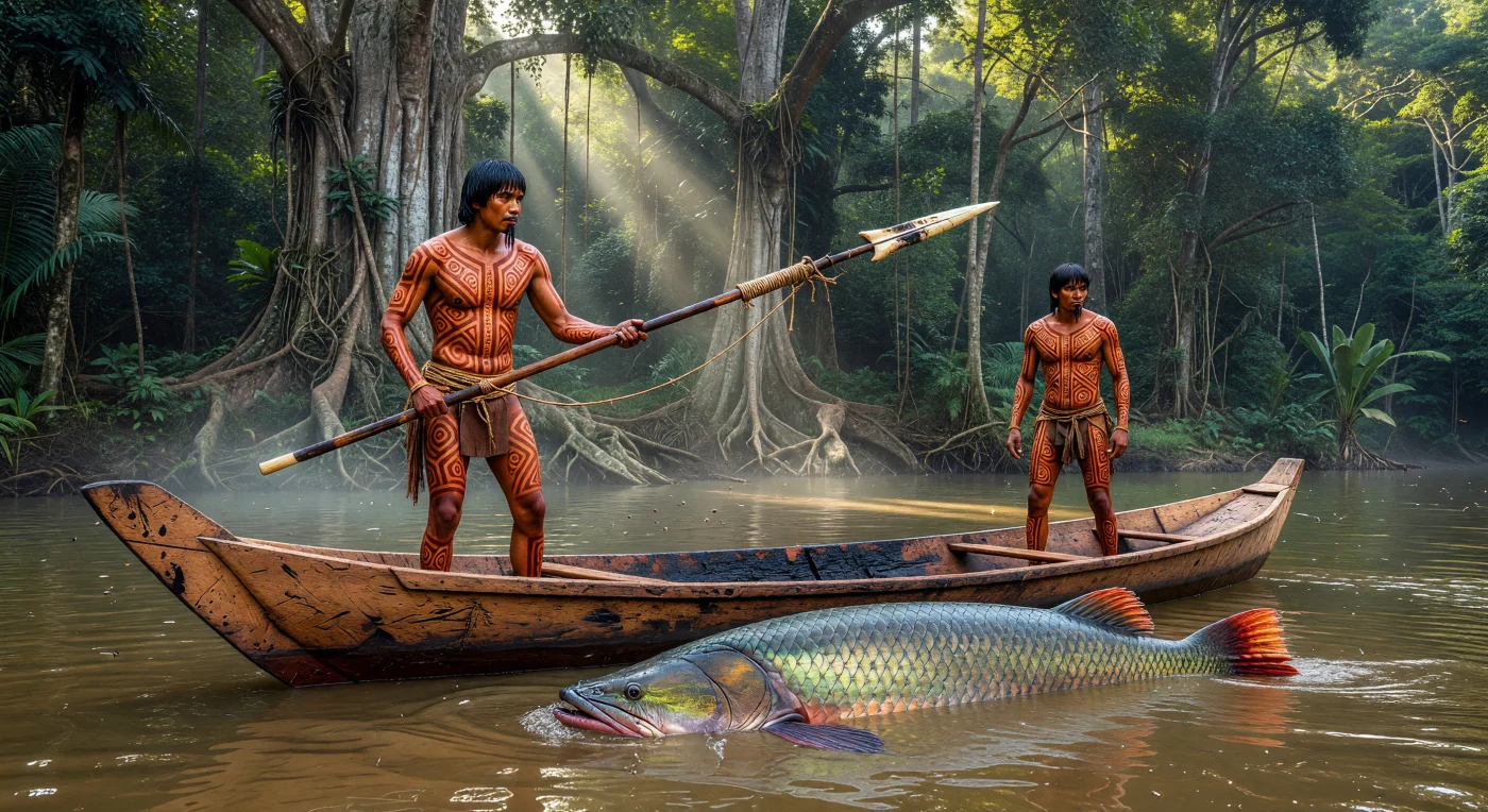 1550년경 아마존 분지의 긴장감 넘치는 수렵 모습을 담은 이 장면에서는 붉은 우루쿰(urucum) 염료로 몸을 장식한 투피-과라니(Tupi-Guarani) 남성들이 삼나무를 파서 만든 카누 위에서 거대한 피라루쿠를 겨누고 있습니다. 탁한 강물 속에서 모습을 드러낸 이 고대 물고기는 당시 원주민들에게 중요한 식량 자원이었으며, 이들은 뼈로 만든 정교한 창과 대대로 전해 내려온 생태 지식을 활용해 대자연과 조화를 이루며 살아갔습니다. 울창한 열대 우림과 쏟아지는 아침 햇살을 배경으로 한 이 순간은 유럽의 영향이 미치기 전, 독자적인 문명을 구가하던 16세기 남아메리카 원주민들의 역동적인 삶과 지혜를 생생하게 보여줍니다.