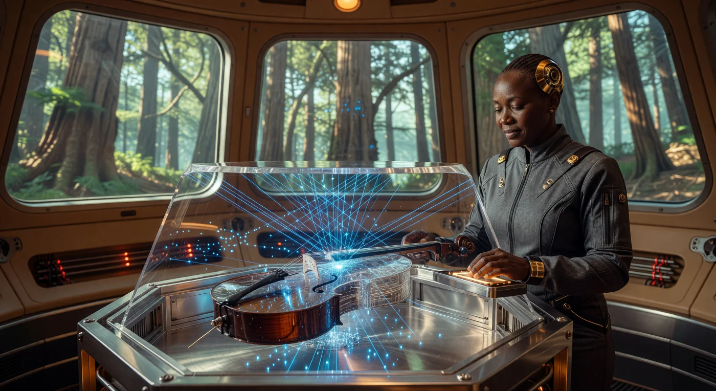 In de Atomic Assembly Suite van de *Ark of Sol* zien we een ambachtsman van de "Bios"-klasse—een genetisch aangepaste tak van *Homo sapiens*—die via een neurale interface toezicht houdt op de moleculaire constructie van een cello. Tijdens de Solaire Expansie (2500–3000 n.Chr.) worden schaarse koolstofvoorraden door middel van blauwe lasers getransformeerd tot diamantoïde structuren die de resonantie van oeroud vurenhout nabootsen. Dit moment illustreert de voortzetting van menselijke kunstvormen te midden van een interstellaire reis die met een snelheid van 30.000 kilometer per seconde de diepe tijd van de kosmos doorkruist.