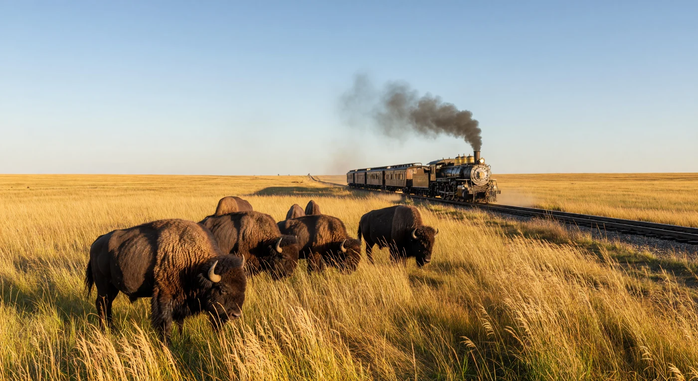 Een kleine kudde Amerikaanse bizons graast in het gouden namiddaglicht op de uitgestrekte prairie, terwijl een stoomlocomotief van de Canadian Pacific Railway aan de horizon een spoor van zwarte rook achterlaat. Deze scène uit circa 1890 illustreert de dramatische ontmoeting tussen de eeuwenoude wildernis en de onstuitbare opmars van de industriële revolutie in het Canadese Westen. De komst van de „ijzeren weg” markeerde het einde van de frontier en symboliseert de ingrijpende transformatie van het Noord-Amerikaanse landschap tijdens de Belle Époque.