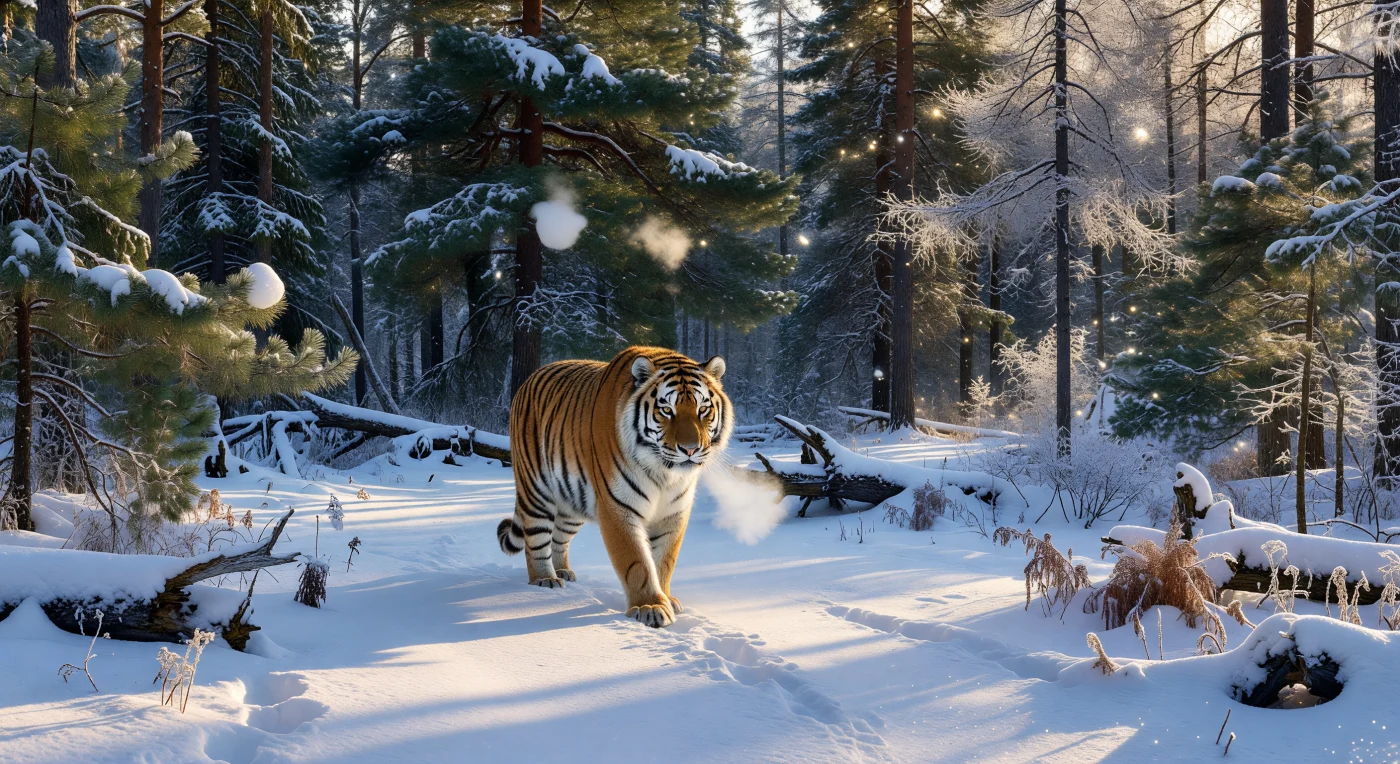 Een imposante Siberische tijger sluipt met zijn dikke wintervacht door de ongerepte Oessoeri-taiga, waar de bevroren Koreaanse dennen zwaar gebukt gaan onder de verse sneeuw. Tijdens de late 19e eeuw vormde dit afgelegen gebied het hart van de wildernis in het Russische Verre Oosten, vlak voordat de grootschalige aanleg van de Trans-Siberische spoorlijn de isolatie van dit ecosysteem onherroepelijk zou doorbreken. Deze majestueuze roofdieren, perfect aangepast aan de subarctische kou, symboliseren de ongegetemde geest van de Noord-Aziatische natuur aan de vooravond van de industriële modernisering tijdens de Belle Époque.