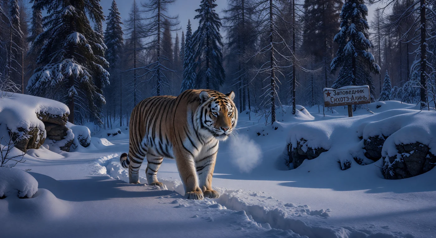 Een massieve Amurtijger sluipt door de dichte, besneeuwde wouden van het Sichote-Alingebergte, terwijl zijn dikke wintervacht hem beschermt tegen de ijzige Siberische kou van de jaren 80. Op de achtergrond is een verweerde grenspaal van een Sovjet-natuurreservaat (*zapovednik*) zichtbaar, wat herinnert aan de strikte staatsbescherming die essentieel was voor het overleven van deze soort tijdens de late 20e eeuw. De sfeervolle verlichting van het blauwe uur benadrukt de eenzame majesteit van dit roofdier in een tijdperk waarin de Siberische wildernis zowel een industriële grens als een kwetsbaar ecosysteem was.