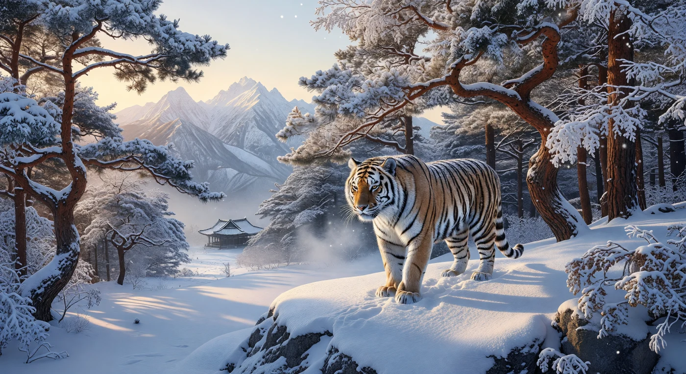 Ein majestätischer Amur-Tiger mit dichtem Winterfell schleicht durch die verschneiten Kiefernwälder des Kaema-Plateaus, während im Hintergrund die schroffen Granitgipfel des Baekdu-Gebirges in der klaren Morgenluft aufragen. In der späten Joseon-Ära symbolisierte der Tiger die ungezähmte Wildnis des „Einsiedlerkönigreichs“ und war tief in der lokalen Folklore sowie der spirituellen Verehrung der Berggötter verwurzelt. Die ferne Silhouette eines traditionellen Sansingak-Schreins verdeutlicht diese tiefe kulturelle Verbindung kurz vor den tiefgreifenden ökologischen und politischen Umbrüchen, die das frühe 20. Jahrhundert in Ostasien einleiteten.