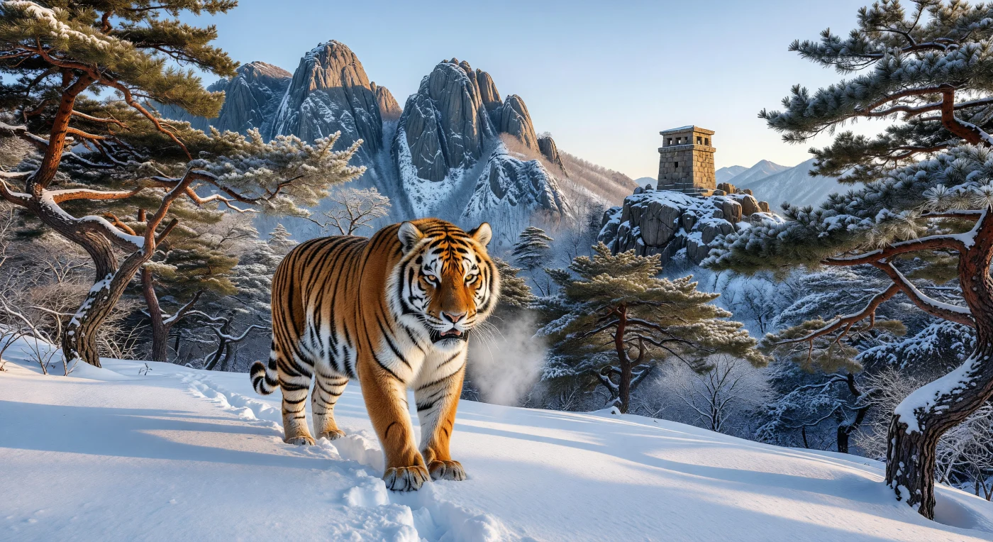 A massive Amur tiger prowls through the frost-laden Red Pines of the Hamgyong Mountains, a region that served as the rugged northern frontier of the Joseon Dynasty during the 16th century. Historically revered and feared as the "King of the Mountains," the tiger is depicted in its thick winter coat against a backdrop of jagged granite peaks and a *bongsu*, a traditional stone signal fire tower used for rapid military communication. This scene captures the untamed wilderness of the Korean peninsula during an era when these apex predators were a powerful and constant presence in both the physical landscape and national folklore.