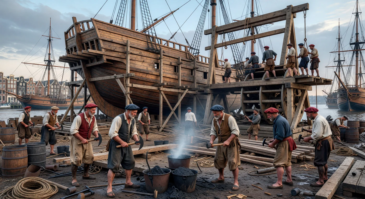 1620年頃のアムステルダムの造船所では、オランダ黄金時代の海上覇権を支えた「フルート船」の建造が着々と進められています。亜麻のシャツを纏った船大工たちが、巨大な踏み車式クレーンを操り、貨物積載を最大化するために設計された独特な梨型の船体に重厚なオークの板を固定しています。この革新的な造船技術は、当時の海運に革命をもたらし、オランダが世界の海を制する原動力となりました。
