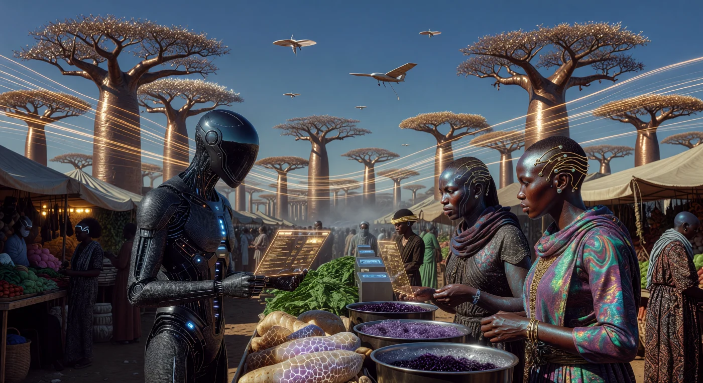 Nesta reconstrução de Nova Agadez, por volta de 2088 d.C., um "Ancestral Digital" de chassi biomimético negocia com mercadores humanos cujos sistemas neurais *Nyansapo* e melanina aprimorada exemplificam as adaptações biotecnológicas da Alvorada Aumentada. A cena ilustra o ápice da Grande Muralha Verde 2.0, onde a flora otimizada por CRISPR e a energia atmosférica sem fio sustentam uma civilização de escala Kardashev 0,85 em um bioma africano plenamente restaurado. Este registro captura a transição evolutiva para uma existência tripartite entre o biológico, o sintético e o dado, definindo o equilíbrio ecológico e a sofisticação técnica do final do século XXI.