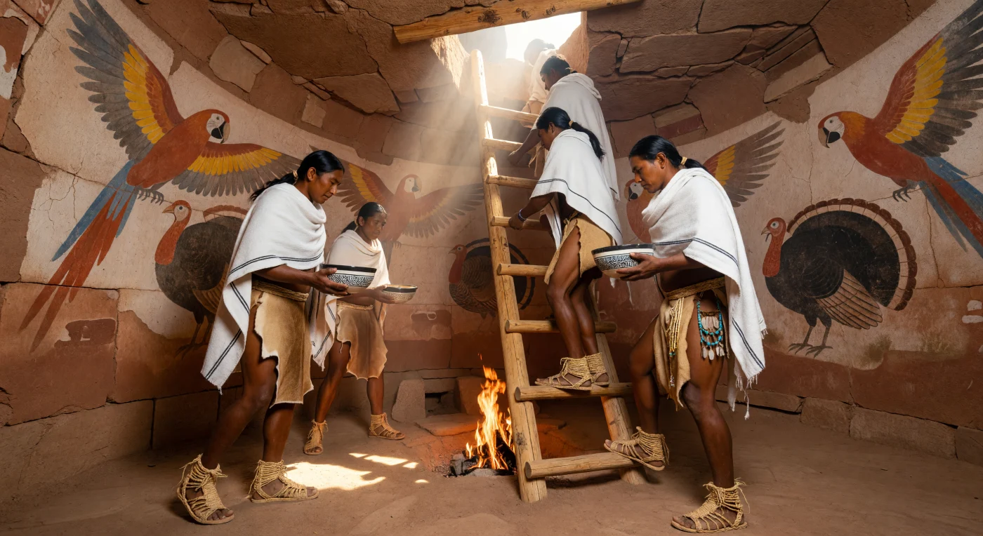 Ancestral Puebloan men descend a ponderosa pine ladder into a subterranean kiva, a sacred architectural space central to community life in the Four Corners region during the 9th century. The figures are depicted in period-accurate attire, including hand-loomed cotton blankets and sandals woven from resilient yucca fibers, while the sandstone walls feature vibrant murals of macaws that illustrate established trade routes with Mesoamerican civilizations. This intimate scene highlights key ceremonial elements such as the central hearth and the *sipapu*, a symbolic floor opening representing the portal of human emergence according to Pueblo tradition.