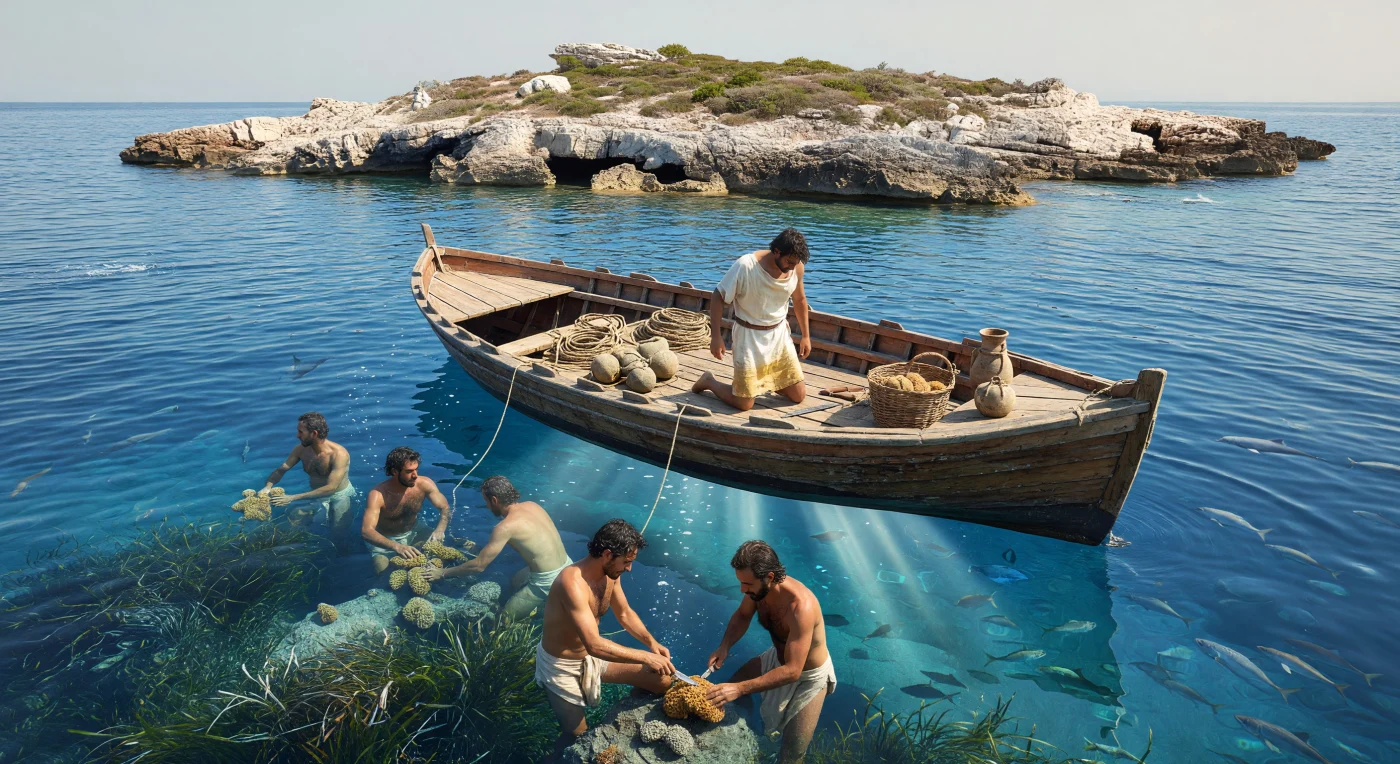 Greek sponge divers harvest natural sea sponges in the clear waters of the southeastern Aegean, descending from a small wooden boat with stone weights, ropes, and simple knives. Such dangerous breath-hold diving was part of the maritime economy of the Greek world, where coastal communities gathered valuable sponges used for bathing, cleaning, and medicine. The scene evokes the practical craft and intimate knowledge of sea and shoreline that sustained many islanders in Classical and Hellenistic times.