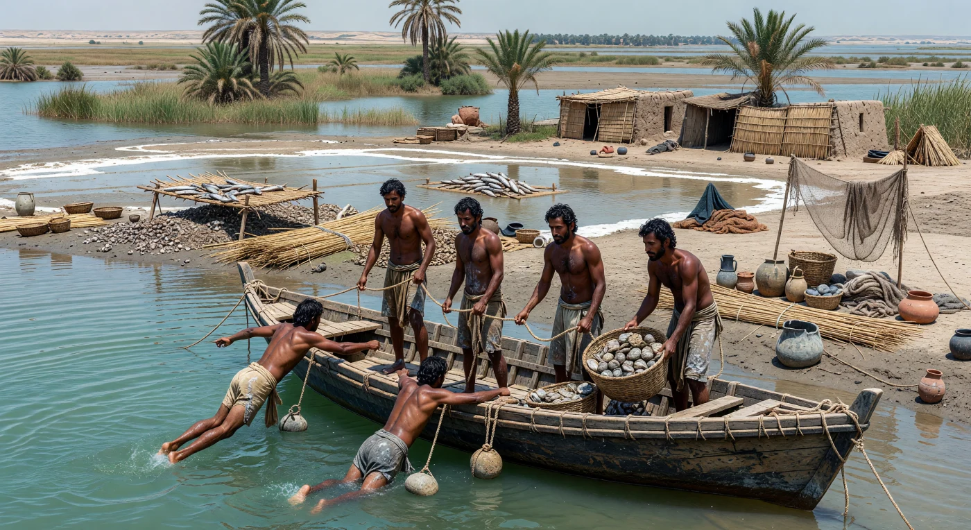 Pearl divers work the shallow waters of the Persian Gulf from a low stitched-plank boat, their companions hauling ropes and baskets of oyster shells as the muddy estuarine shore behind them is lined with salt pans, drying fish, and simple reed-and-palm shelters. In the 1st century BC, the Gulf’s coastal communities—linked to Characene, southern Mesopotamia, and Arabian trade routes—were already exploiting marine resources with techniques that relied on stone weights, cordage, and intimate knowledge of the tides. The scene evokes a demanding maritime economy shaped by heat, brackish wetlands, and long-distance exchange across the ancient Near East.