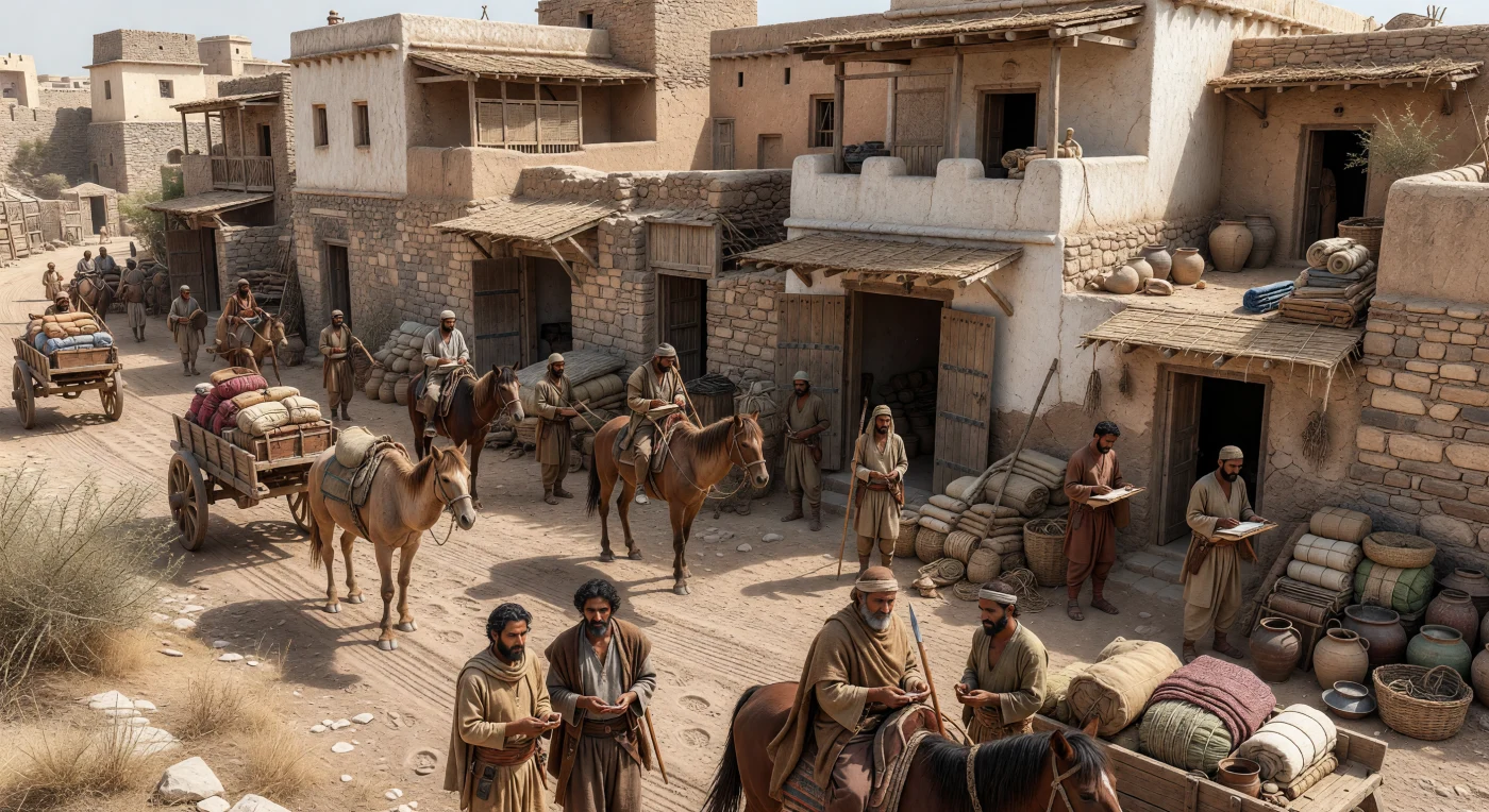 A dusty street in ancient Taxila’s caravan quarter is shown alive with traders, townsmen, riders, pack animals, and carts moving between plastered mud-brick and stone houses under the dry light of the northwest. The scene reflects Taxila’s role in the late 2nd to early 1st century BC as a major crossroads linking Gandhara with Bactria, the Iranian plateau, and the Indian subcontinent, where Gandharan, Iranian-influenced, and Indo-Greek communities met in daily commerce. Details such as bilingual Greek and Kharosthi coinage, Bactrian camels, and mixed dress styles evoke the region’s exceptional cultural diversity in the post-Mauryan age.