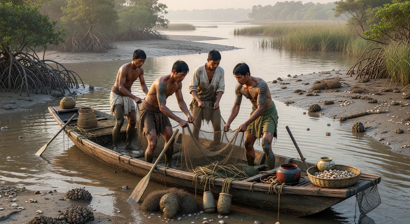 Yue fishers work a narrow wooden boat through the warm estuarine shallows of Lingnan, hauling woven nets amid oyster beds, mudflats, and mangroves. Their sparse plant-fiber clothing, bare legs, and visible tattooing reflect lifeways long associated in early Chinese sources with the southern Yue peoples, whose riverine and coastal communities differed markedly from the states of the North China Plain. Set in the late Warring States to early Western Han period, the scene evokes a maritime world shaped by local fishing traditions, wet subtropical landscapes, and limited but growing contact with expanding Chinese polities.