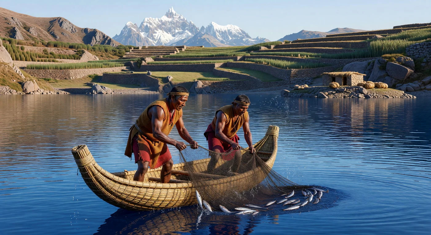 Op de saffierblauwe wateren van het Titicacameer navigeren Inca-vissers in handgemaakte boten van totora-riet, terwijl zij met zorgvuldig geknoopte netten jagen op kleine, zilverachtige vissen. Gekleed in robuuste tunieken van alpacawol werken deze mannen op een hoogte van 3.800 meter tegen een indrukwekkend decor van besneeuwde Andes-toppen en stenen landbouwterrassen. Dit tafereel uit de late 15e eeuw illustreert de vindingrijkheid van het Tawantinsuyu-rijk, waar de bevolking volledig vertrouwde op natuurlijke materialen en een diepe kennis van hun hooggelegen leefomgeving voor hun dagelijks onderhoud.