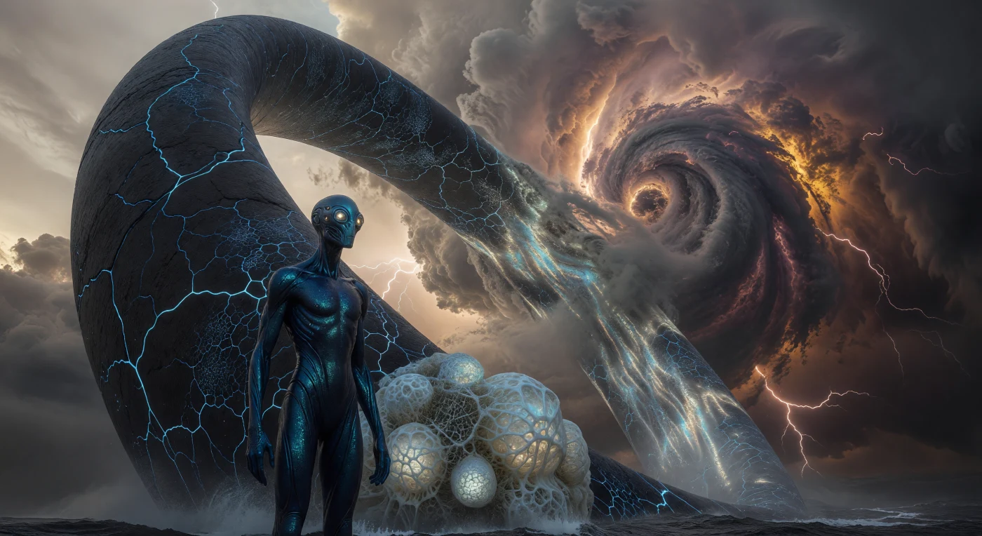 Esta imponente seção do Anel de Desvio Atmosférico de Basalto ilustra a engenharia planetária da Era da Convergência (2100–2200 d.C.), onde o "Zelador de Manutenção" — um pós-humano com ossificação de nanotubos de carbono — monitora a deflexão magnética de furacões supercélulas. A estrutura de biolito e as Micocolmeias orgânicas adjacentes exemplificam uma época em que a distinção entre biologia e arquitetura se dissolveu, utilizando veias de resfriamento ciano para sustentar campos de força que protegem os centros urbanos. Este registro captura o ápice de uma civilização que reconfigurou sua própria biologia e a geologia terrestre para sobreviver ao caos climático do século XXII.