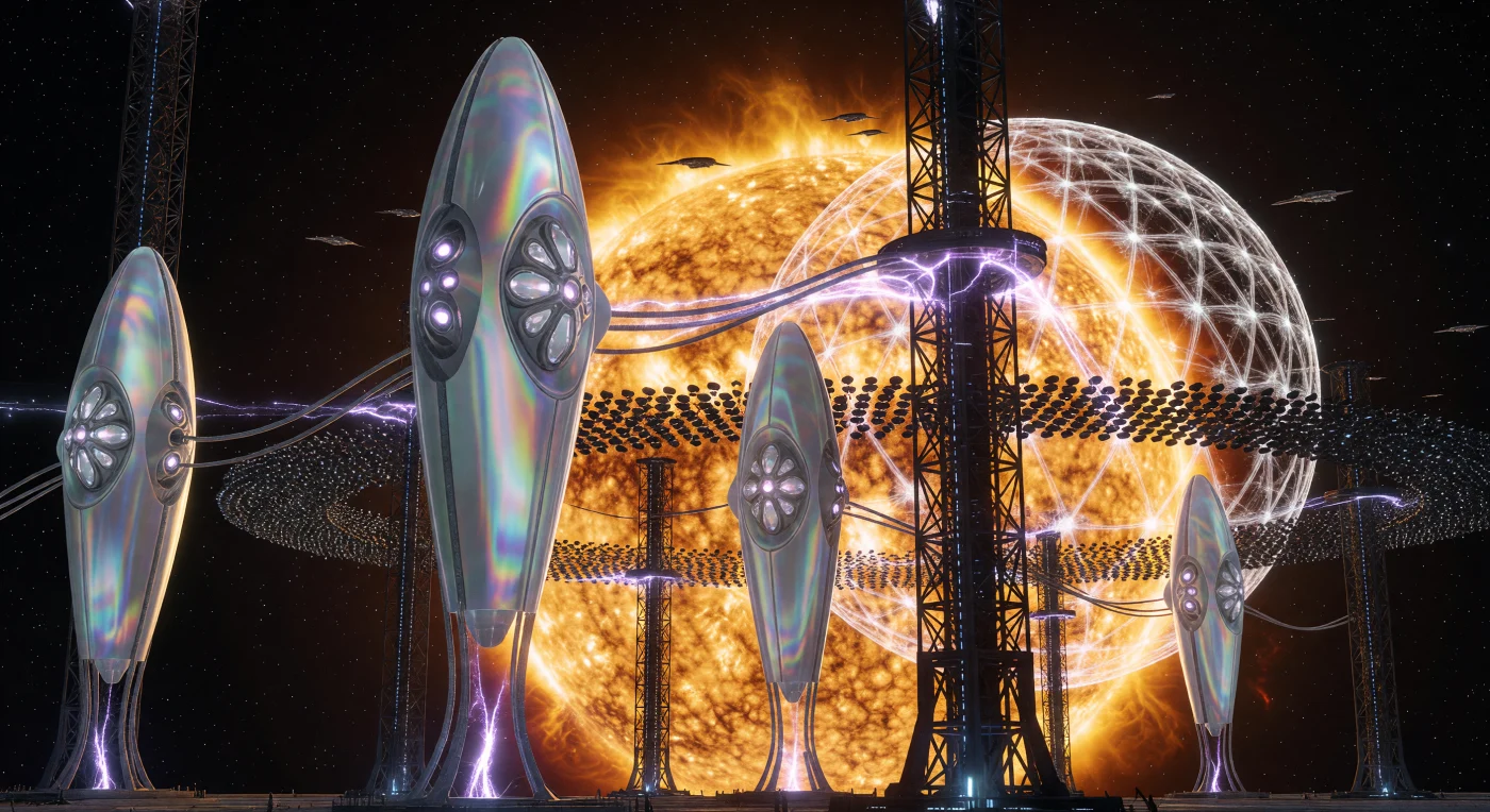 تُظهر هذه اللقطة من عصر "الأفق" (بين 100,000 و1,000,000 ميلادي) كائنات "الإنفومورف" الرقمية وهي تسكن هياكل "الأصداف اللامعة" لتشكيل بلازما النجوم إلى نصب هندسي يخلد ذكرى كوكب الأرض القديم. باستخدام أبراج تدفق مغناطيسي متطورة، تتلاعب هذه الكائنات المتقدمة بالهيدروديناميكا المغناطيسية لنجم من النوع (G) لصياغة قارات "تيرا ميموريا" وسط بيئة تهيمن عليها "أسراب دايسون" لجمع الطاقة النجمية. يمثل هذا المشهد ذروة التطور الحضاري ما بعد البيولوجي، حيث تحولت المادة النجمية إلى وسيط فني يحفظ التاريخ الجيولوجي المفقود في نسيج الزمن الكوني السحيق.