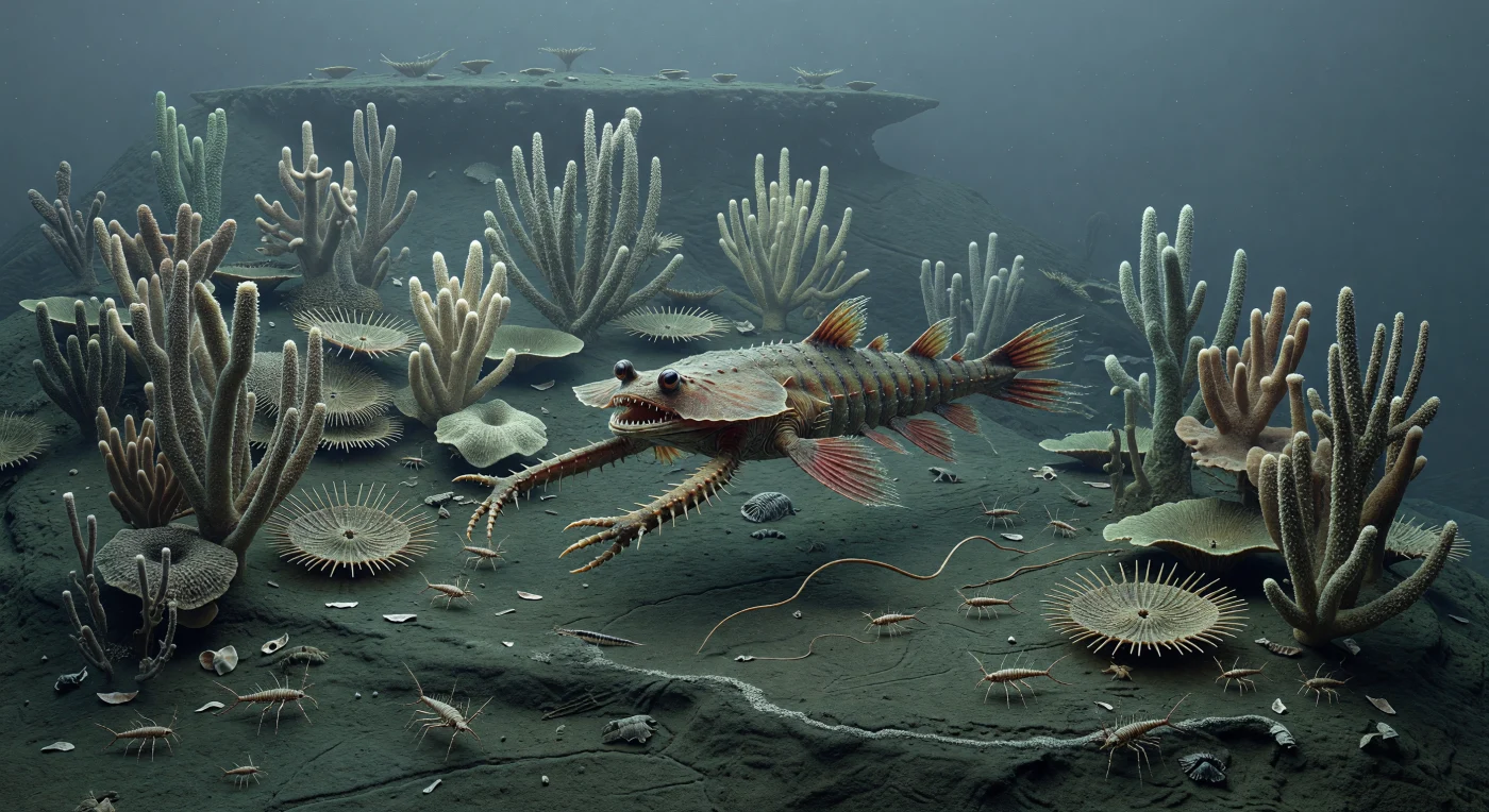 Vor etwa 508 Millionen Jahren gleitet hier ein rund 70 Zentimeter langer Radiodont, Anomalocaris canadensis, über den schlammigen Schelfhang des kambrischen Laurentia – ein eleganter Spitzenprädator mit großen Komplexaugen, seitlichen Schwimmlappen und stachelbewehrten Fangarmen. Unter ihm bedecken Vauxia- und Choia-Schwämme den grau-grünen Meeresboden, während winzige Marrella splendens umherkrabbeln und einige bandförmige Pikaia gracilens, frühe nahe Verwandte der Chordatiere, durch das trübe Wasser huschen. Die Szene erinnert an die Lebenswelt des Burgess-Shale-Typs: kühle, lichtarme Randmeere des Kambriums, in denen komplexe Tiergemeinschaften lange vor Fischen, Korallenriffen oder Pflanzen an Land die Ozeane prägten.