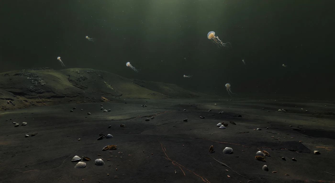 Along the dim outer slope of a Carboniferous marine basin, roughly 320–300 million years ago, the seafloor is blanketed in black organic mud under oxygen-poor water. A few delicate Posidonia bivalves rest half-sunken in the sediment while tiny ostracods dot the surface, and simple jellyfish drift above in the murky water column. Such quiet, stagnant basins accumulated the dark muds that later became black shales, preserving evidence of low-oxygen marine environments in the late Paleozoic.