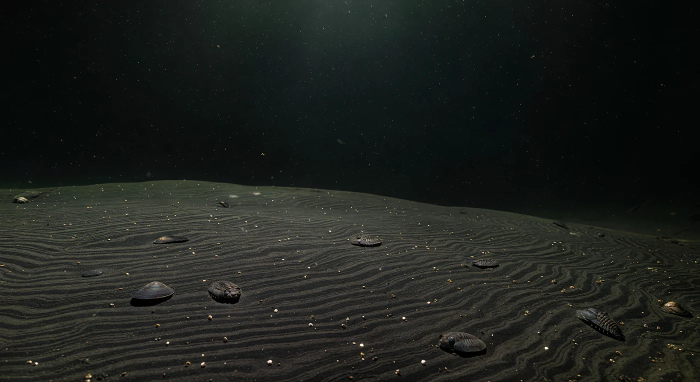 In this Late Devonian deep-basin scene, roughly 372–359 million years ago, the seafloor lies under dim, murky water as finely laminated black mud accumulates in an oxygen-poor basin during a Kellwasser-style anoxic episode. Sparse life clings to the sediment surface: small Buchiola bivalves rest on the unbioturbated shale, while a few phacopid trilobites such as Phacops remain largely motionless among pyrite-flecked mud and undisturbed carcasses. The image captures a world where low oxygen suppressed scavengers and burrowers, allowing organic-rich black shales to form and preserving a stark record of Late Devonian marine stress.