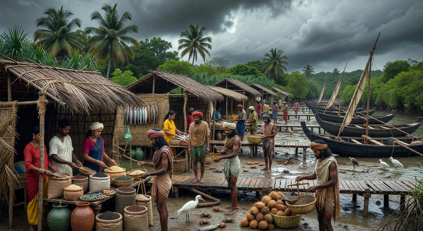 Sob um céu pesado de monção, um mercado de estuário na costa ocidental da Índia fervilha com vendedores de peixe, mercadores e barqueiros, entre bancas de colmo de palmeira erguidas sobre lama húmida e passadiços de madeira. Vêem-se montes de pimenta-preta, cestos de arroz, cocos empilhados e peixe seco pendurado, enquanto embarcações de tábuas cosidas se apertam nos canais de maré e garças brancas percorrem os lodaçais. No final do século I a.C., lugares como este integravam a rede comercial do mar Arábico, onde produtos locais circulavam ao lado de alguns bens importados, ligando a costa do Konkan e de Malabar a rotas mais vastas do oceano Índico muito antes do domínio romano direto na região.