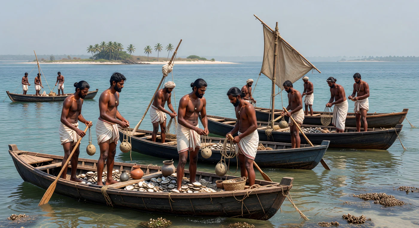 Sob as águas límpidas do golfo de Mannar, pescadores e mergulhadores tâmeis e cingaleses trabalham a partir de barcos de tábuas cosidas com fibra de coco, preparando pesos de pedra e cestos para recolher ostras perlíferas dos bancos pouco profundos. No fim do 1.º milénio a.C., esta costa entre Tamilakam e o norte do Sri Lanka era um dos grandes centros de pesca de pérolas do sul da Ásia, sustentando redes de comércio marítimo que ligavam comunidades locais a mercados distantes do oceano Índico. A cena revela um labor duro e altamente especializado, em que técnica náutica, conhecimento das marés e organização da colheita transformavam o mar tropical numa fonte de riqueza cobiçada.