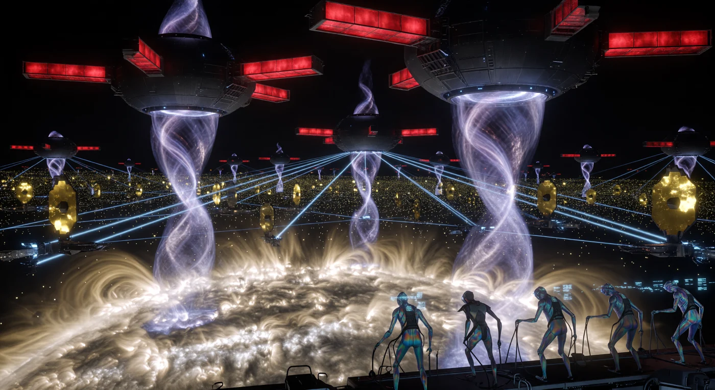 في العصر المجري (5,000 - 20,000 ميلادي)، تحول النظام الشمسي إلى آلة متكاملة حيث تقوم أقماع مغناطيسية هائلة بسحب الهيدروجين المتأين من غلاف الشمس الضوئي لتغذية حضارة بلغت المستوى الثاني على مقياس كارداتشيف. تظهر في الأفق مليارات المرايا الذهبية لـ "مصفوفة دايسون" وهي تركز الإشعاع الشمسي في حزم طاقة مكثفة، بينما يراقب "المشاة الفراغيون الكيتينيون" —وهم سلالة بشرية ما بعد بيولوجية مطورة بصفائح واقية من الإشعاع— هذه العملية الهندسية الجبارة. يجسد هذا المشهد حقبة "الرفع النجمي"، حيث تم تسخير النجوم كموارد طاقة خام، مما يعكس التحول الجذري للجنس البشري وتكيفه مع أقسى بيئات الفضاء في أعماق الزمن.