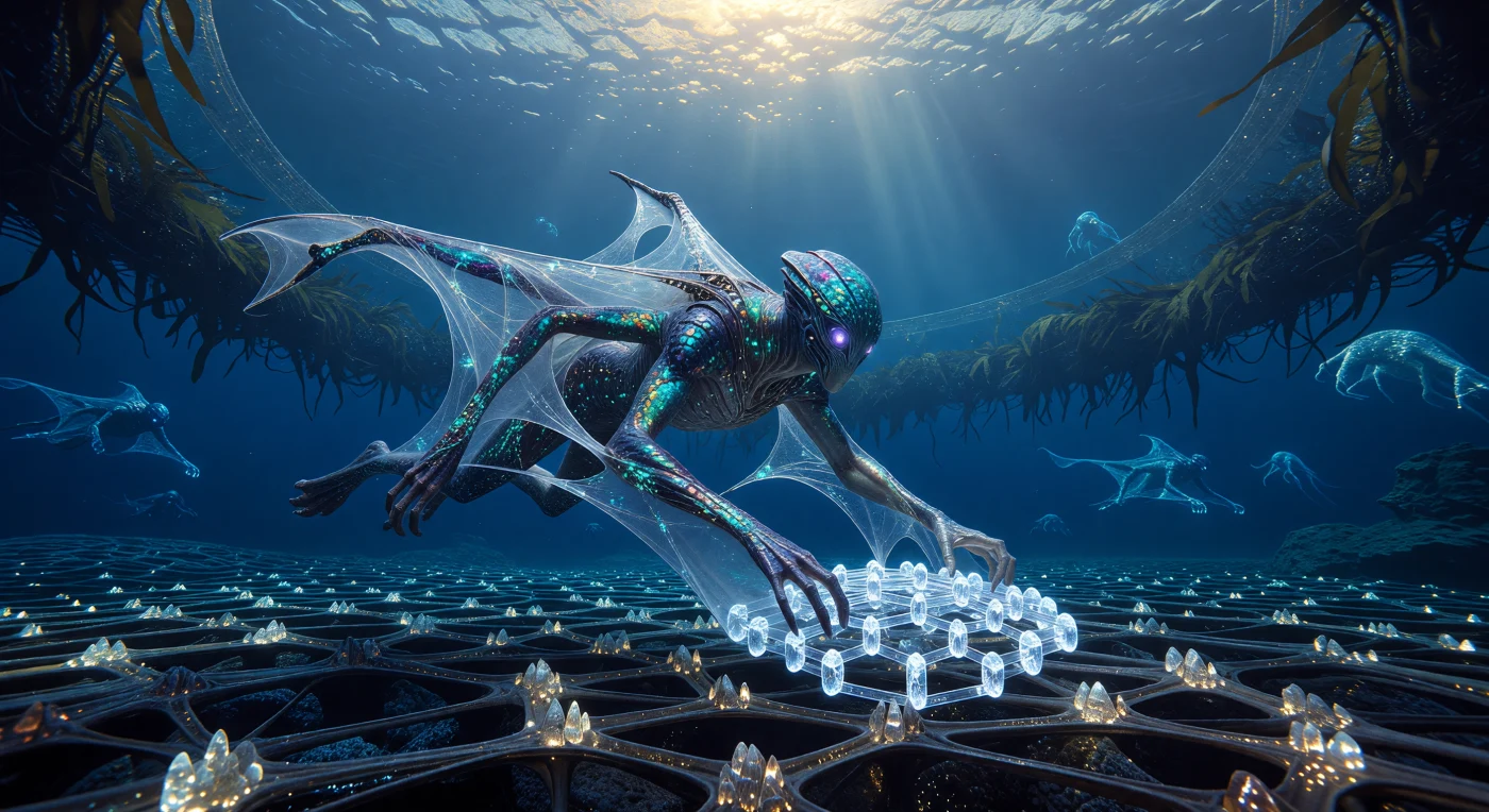 In de diepten van een gigantische Hydro-Ring rond een verre ster navigeert een aquatische Avatar van de Ontwaakten (ca. 100.000 – 1.000.000 n.Chr.) door een oceaan van hyperhelder "Smart-Gas". Deze Polymorfe Substraat Entiteit (PSE) is een post-humaan meesterwerk met iriserende schubben en bioluminescente sensoren, ontworpen om complexe Bose-Einstein-condensaat geheugenkristallen te kalibreren op een zelfherstellend synthetisch rif. Tegen de achtergrond van de immense Dyson-architectuur vangt dit beeld een moment van serene, technologische industrie waarin de grenzen tussen biologie en data-opslag volledig zijn vervaagd.