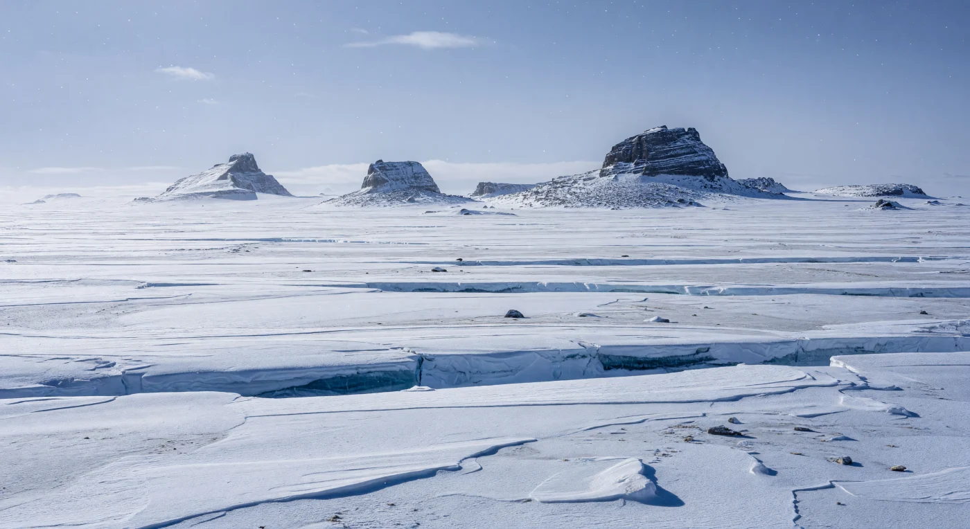 Eine endlose Eiswüste am äquatornahen Rand der Kryogenischen Erde breitet sich hier bis zum Horizont aus: windgeschnitzte Sastrugi, tiefblaue Gletscherspalten und dunkle Nunataks aus Granit und gebändertem Gneis ragen aus kilometerdickem Inlandeis hervor, auf deren sonnenbeschienenen Flächen nur dünne schwarzgrüne Mikrobenteppiche haften. Diese Szene gehört zur Zeit der „Schneeball-Erde“ vor etwa 720 bis 635 Millionen Jahren, während der Sturtischen und später der Marinoischen Vereisung, als sich Eisschilde bis in niedrige Breiten ausdehnten. Größere Pflanzen, Tiere und Flechten gab es an Land noch nicht – das sichtbare Leben bestand wahrscheinlich nur aus widerstandsfähigen Mikroorganismen wie Cyanobakterien und anderen mikrobiellen Biofilmen, die in einer der härtesten Oberflächenumwelten der Erdgeschichte überdauerten.