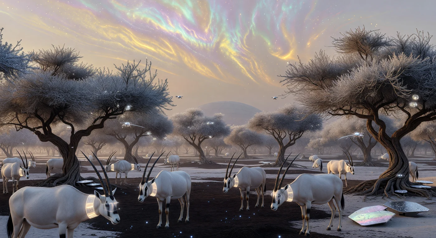 In this scene from the mid-21st-century "Threshold" period, Arabian oryx (*Oryx leucoryx*) graze within a meticulously engineered forest of genetically modified Ghaf trees designed for maximum carbon sequestration. The landscape reflects the "Circadian Inversion" of the Middle East (c. 2040), featuring a pearlescent sky created by stratospheric aerosol injection to mitigate extreme solar radiation. Subcutaneous bioluminescent sensors and moisture-harvesting panels illustrate the era's total integration of high-technology monitoring within a managed, synthetic ecosystem.