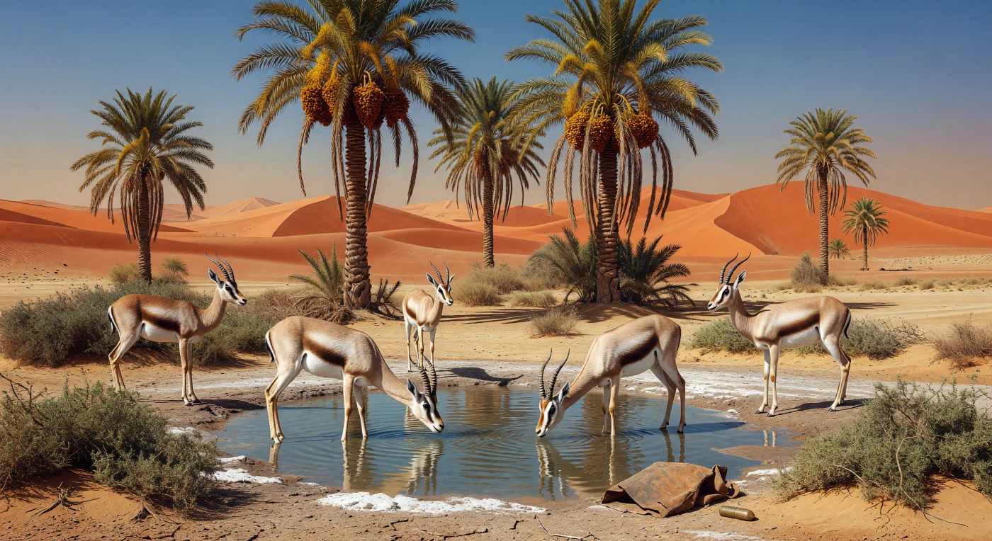 In der flirrenden Mittagshitze der Rub al-Chali sucht eine Herde graziler Arabischer Gazellen Zuflucht an einer einsamen Quelle, umgeben von schattenspendenden Dattelpalmen und den gewaltigen, orangefarbenen Dünen des „Leeren Viertels“. Diese Momentaufnahme aus den 1930er Jahren illustriert die fragile Pracht der Wüste kurz vor dem Beginn der großflächigen industriellen Erschließung. Ein im Sand halb verborgener lederner Wasserschlauch und die leere Patronenhülse eines Lee-Enfield-Gewehrs zeugen jedoch von der zunehmenden Präsenz des Menschen und den geopolitischen Umbrüchen, die den Nahen Osten in der Ära der Weltkriege prägten.