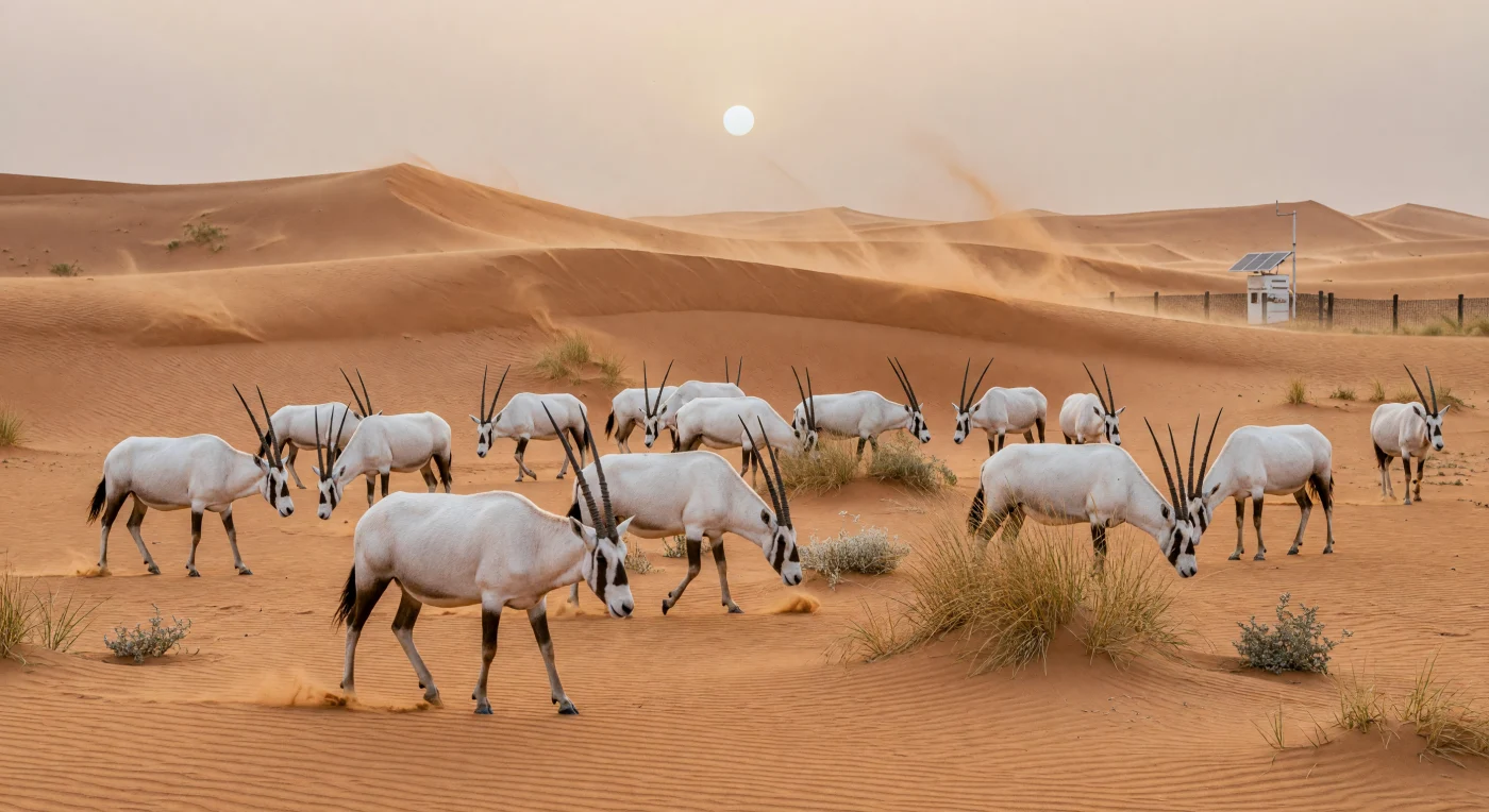 Eine Herde weißer Arabischer Oryx-Antilopen zieht durch die ockerfarbenen Dünen der Rub al-Chali, während ein heftiger Schamal-Wind den Wüstensand in ätherische Schleier verwandelt. Einst in freier Wildbahn vollständig ausgerottet, symbolisiert die Rückkehr dieser majestätischen Tiere den Erfolg intensiver Schutzprogramme des frühen 21. Jahrhunderts. Inmitten dieser zeitlosen Landschaft verweisen dezente Details wie eine solarbetriebene Wetterstation auf die moderne Verflechtung von Naturschutz und digitaler Technologie im heutigen Nahen Osten.
